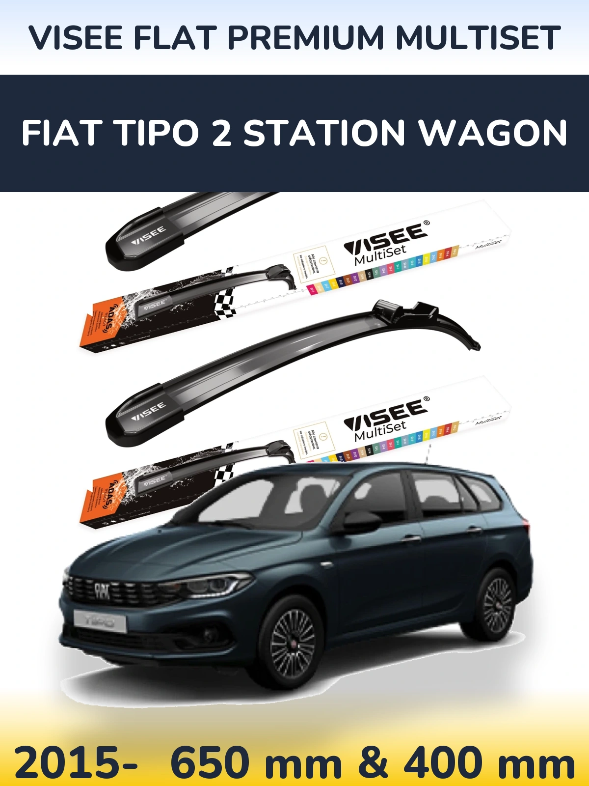 Sada předních stěračů VISEE FLAT PREMIUM MultiSet 650 a 400 mm pro Fiat Tipo 2 Station Wagon 2015-2026