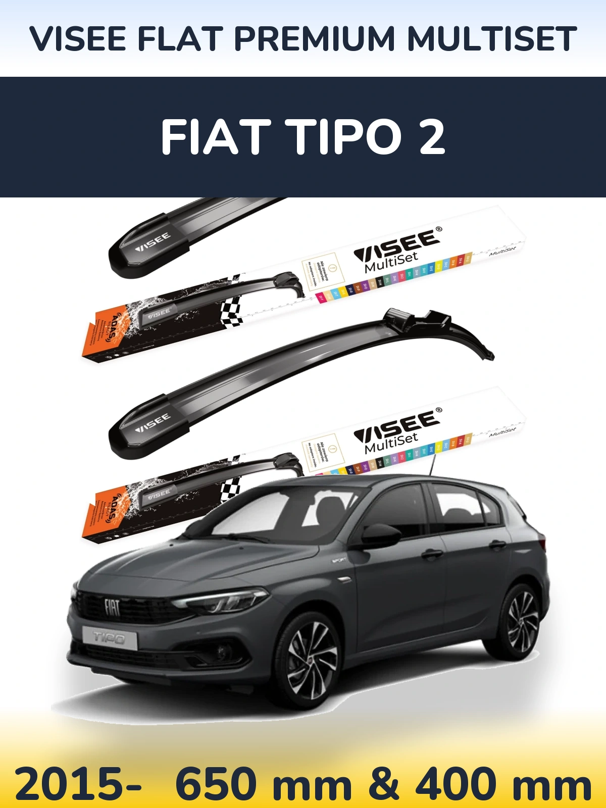 Sada předních stěračů VISEE FLAT PREMIUM MultiSet 650 a 400 mm pro Fiat Tipo 2 2015-2026