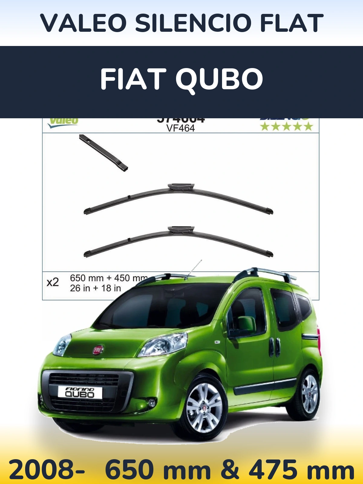 Sada předních stěračů Valeo Silencio Flat 650 a 450 mm pro Fiat Qubo 2008-2026
