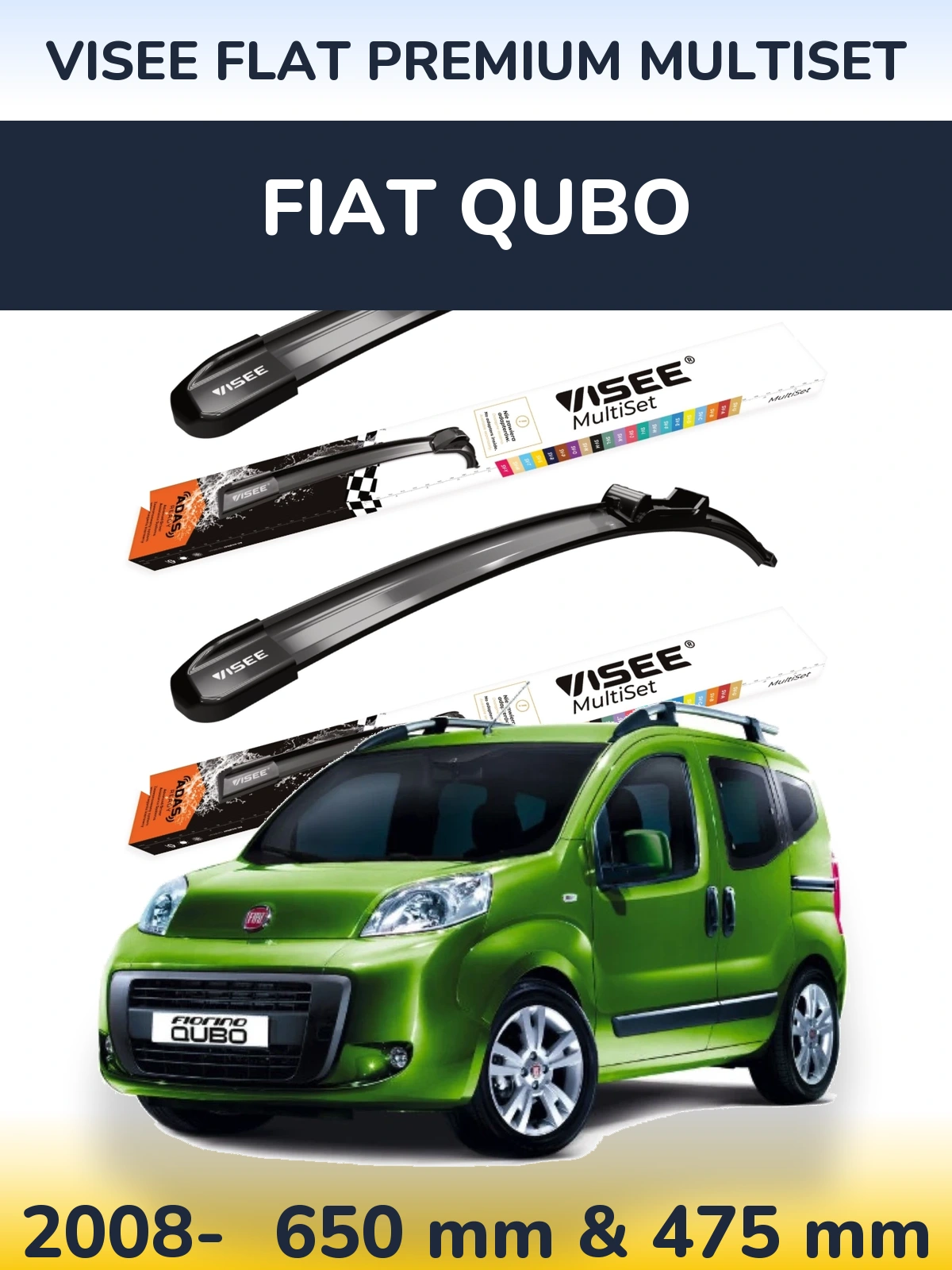 Sada předních stěračů VISEE FLAT PREMIUM MultiSet 650 a 475 mm pro Fiat Qubo 2008-2026