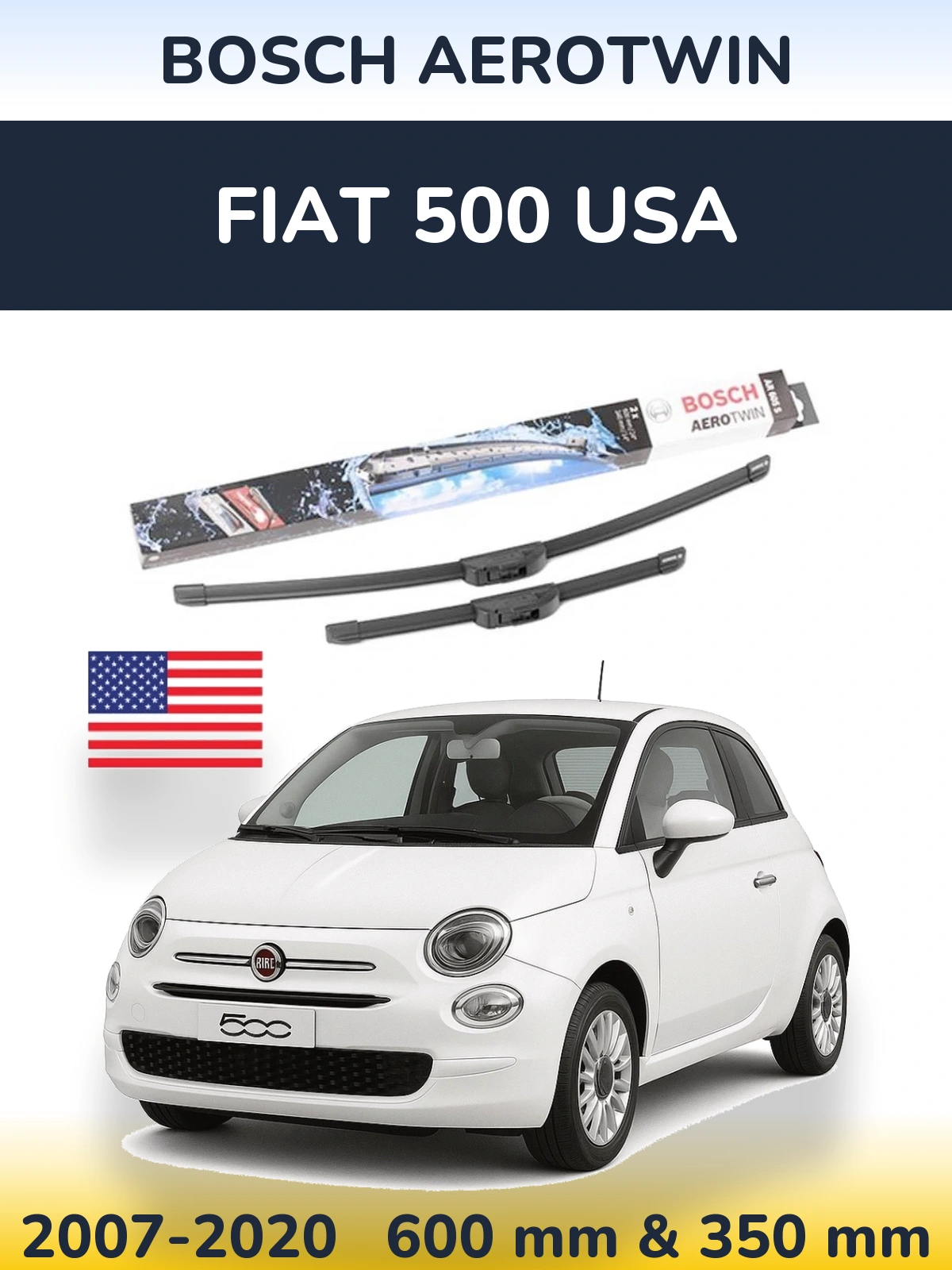 Sada předních stěračů BOSCH AeroTwin 600 a 350 mm pro Fiat 500 USA 2007-2020