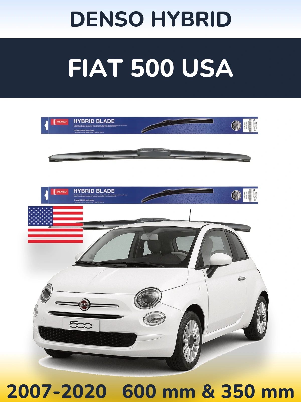 Sada předních stěračů Denso Hybrid 600 a 350 mm pro Fiat 500 USA 2007-2020