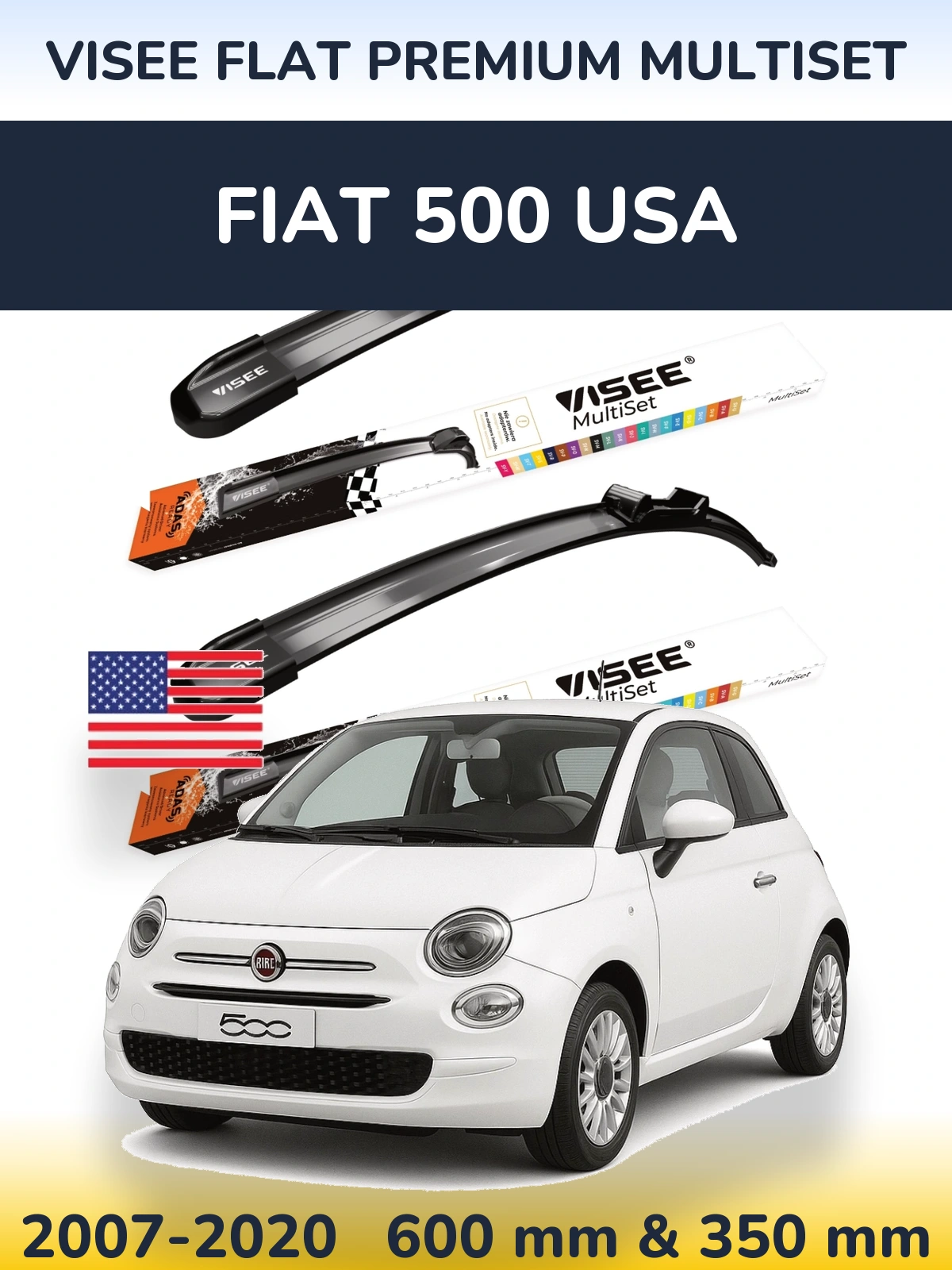 Sada předních stěračů VISEE FLAT PREMIUM MultiSet 600 a 350 mm pro Fiat 500 USA 2007-2020
