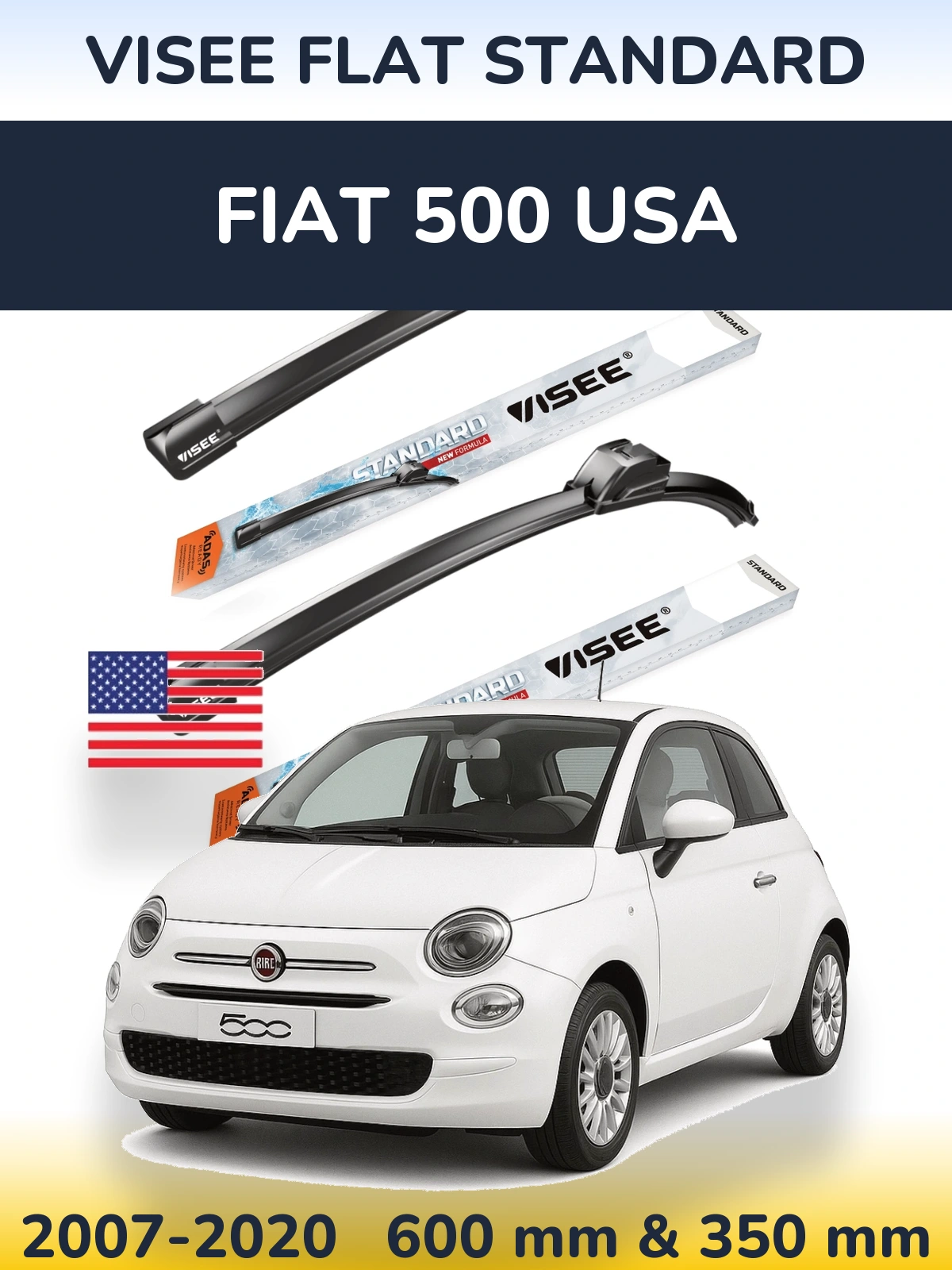 Sada předních stěračů VISEE FLAT STANDARD 600 a 350 mm pro Fiat 500 USA 2007-2020