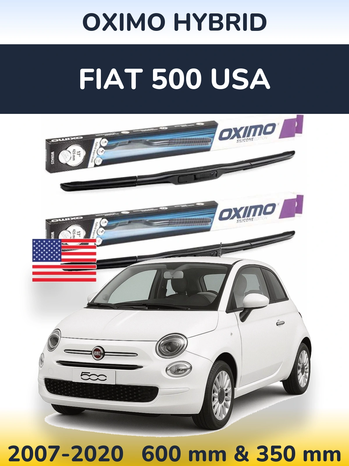 Sada předních stěračů Oximo Hybrid 600 a 350 mm pro Fiat 500 USA 2007-2020