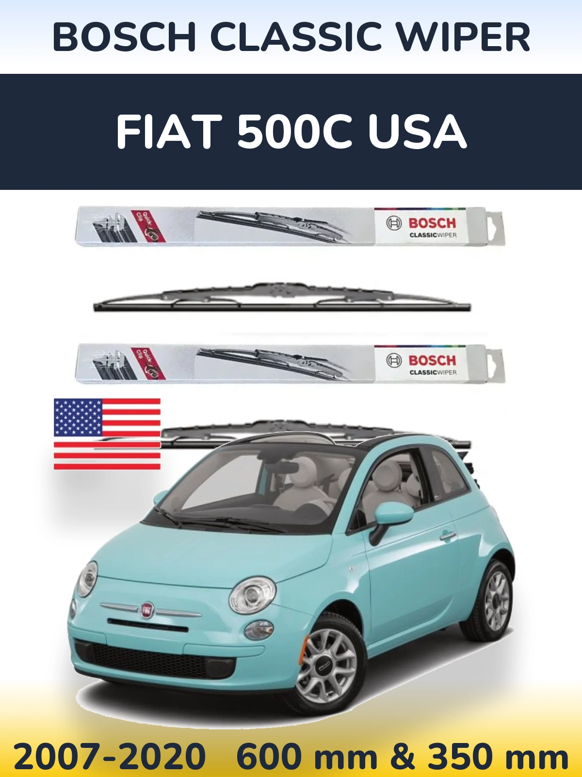 Sada předních stěračů BOSCH Classic Wiper 600 a 340 mm pro Fiat 500C USA 2007-2020