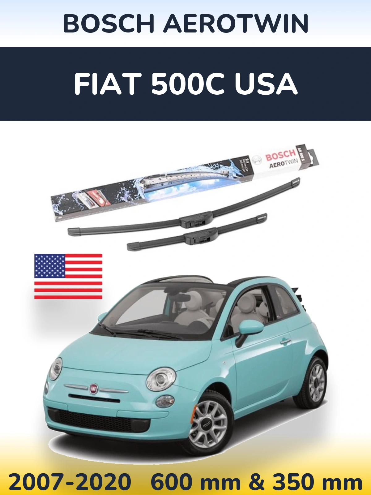 Sada předních stěračů BOSCH AeroTwin 600 a 350 mm pro Fiat 500C USA 2007-2020