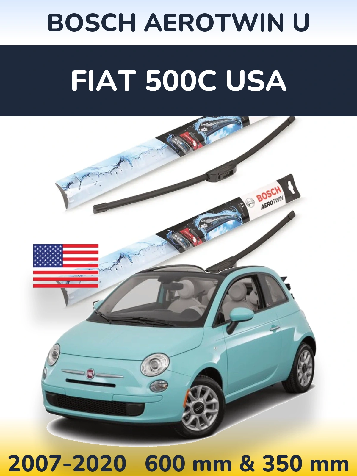 Sada předních stěračů BOSCH AeroTwin U 600 a 350 mm pro Fiat 500C USA 2007-2020