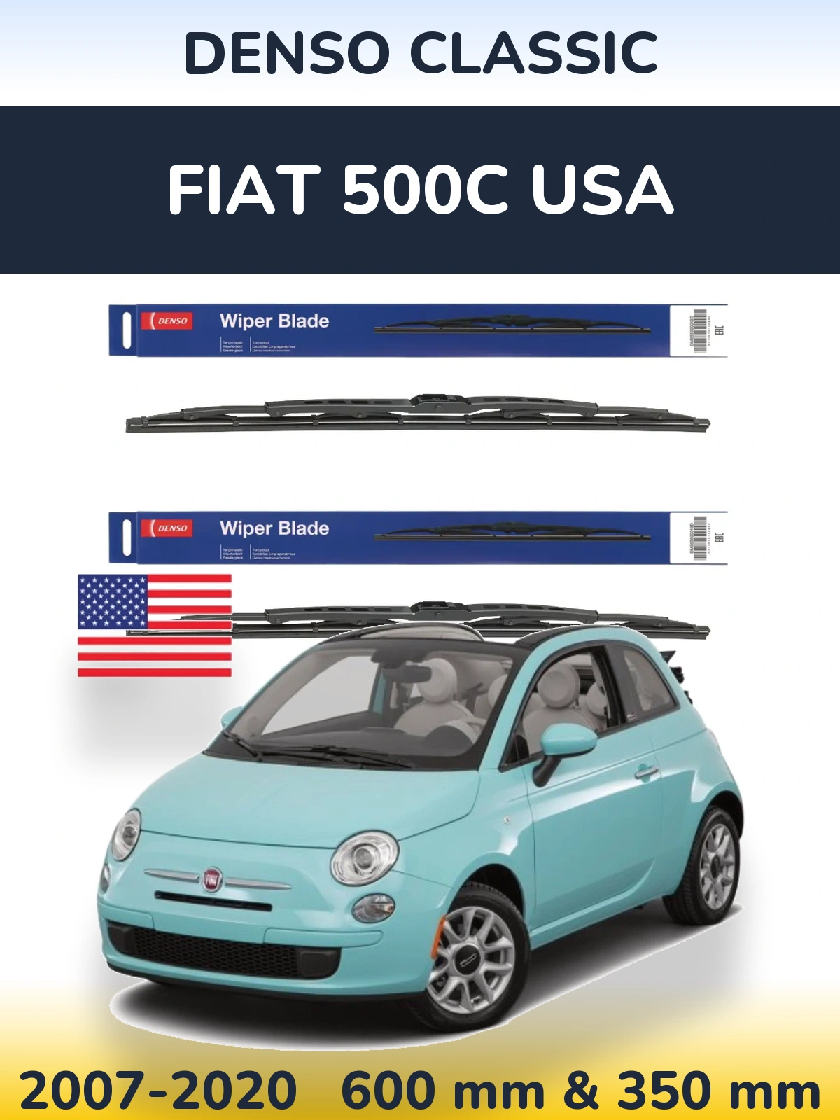 Комплект передних дворников Denso Classic 600 & 350 мм для Fiat 500C USA 2007-2020