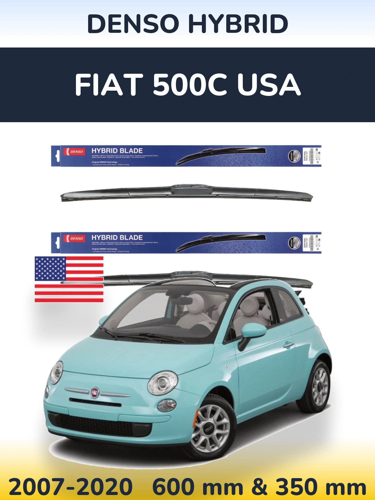 Sada předních stěračů Denso Hybrid 600 a 350 mm pro Fiat 500C USA 2007-2020