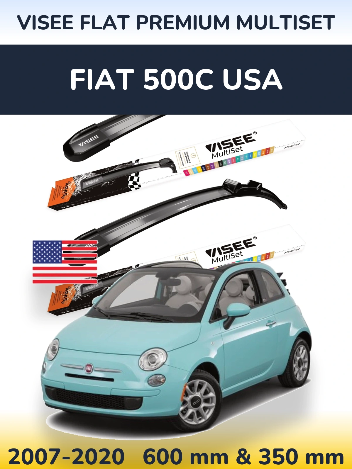 Sada předních stěračů VISEE FLAT PREMIUM MultiSet 600 a 350 mm pro Fiat 500C USA 2007-2020