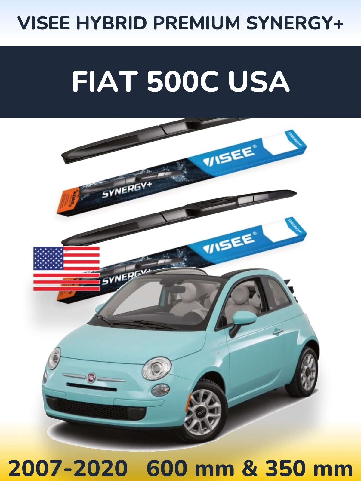 Sada předních stěračů VISEE HYBRID PREMIUM SYNERGY+ 600 a 350 mm pro Fiat 500C USA 2007-2020