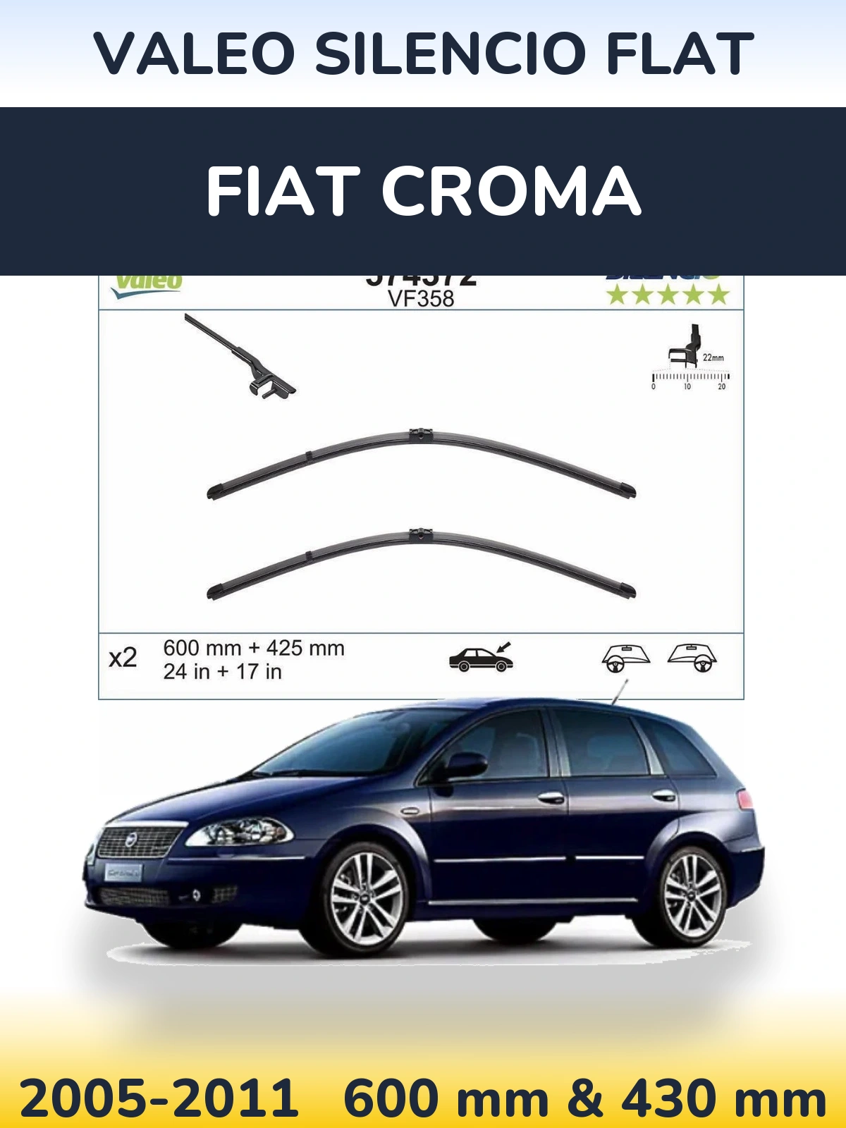 Sada předních stěračů Valeo Silencio Flat 600 a 430 mm pro Fiat Croma 2005-2011