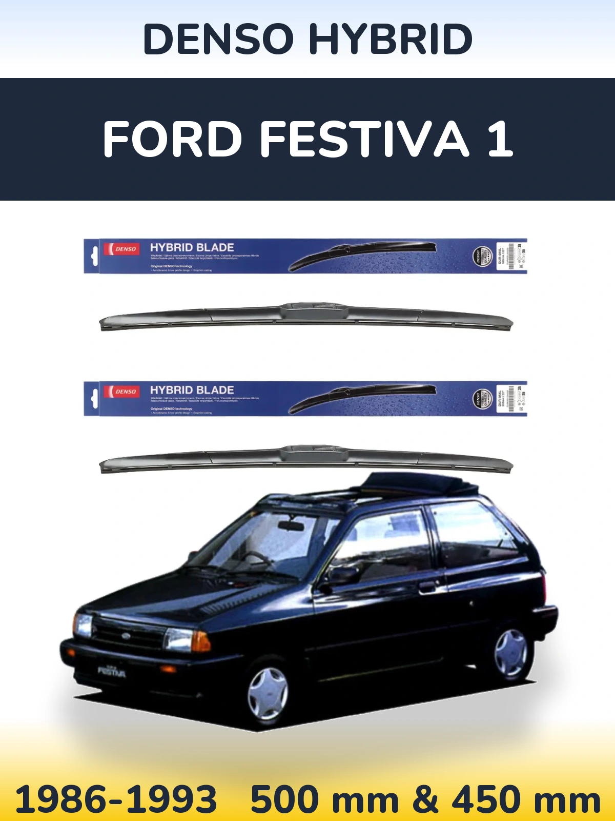 Sada předních stěračů Denso Hybrid 500 a 450 mm pro Ford Festiva 1 1986-1993