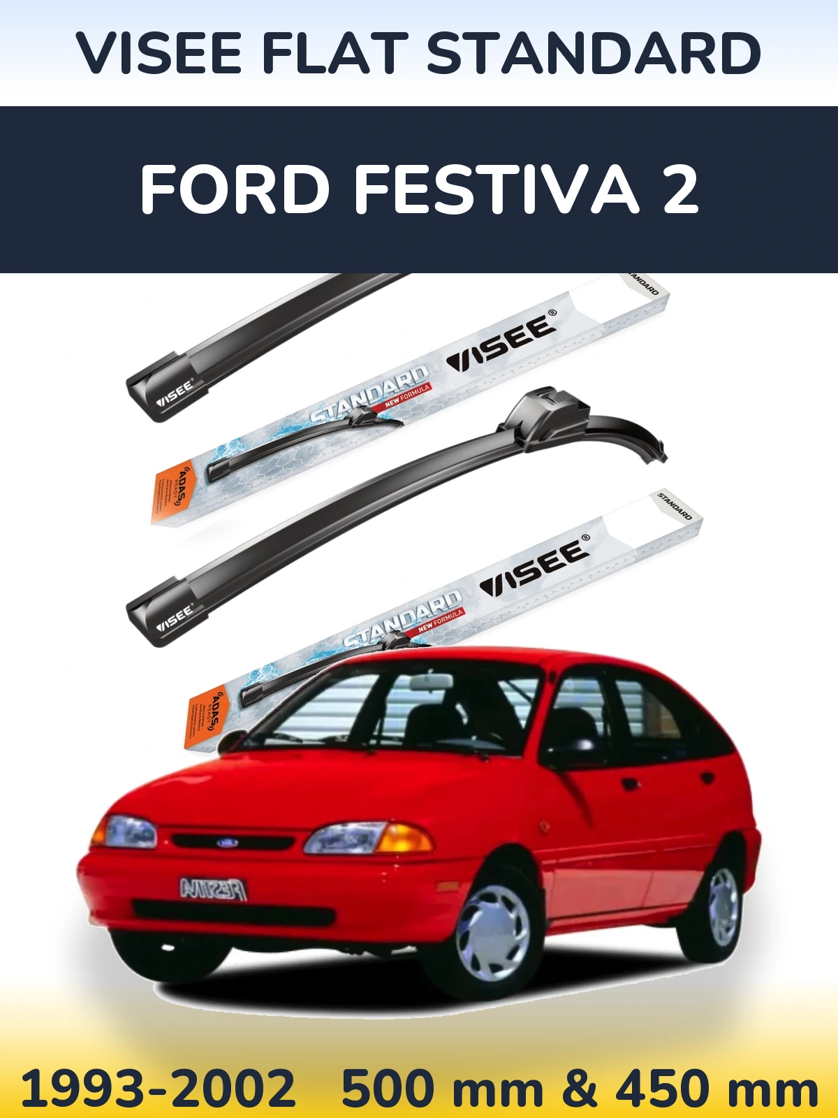 Sada předních stěračů VISEE FLAT STANDARD 500 a 450 mm pro Ford Festiva 2 1993-2002