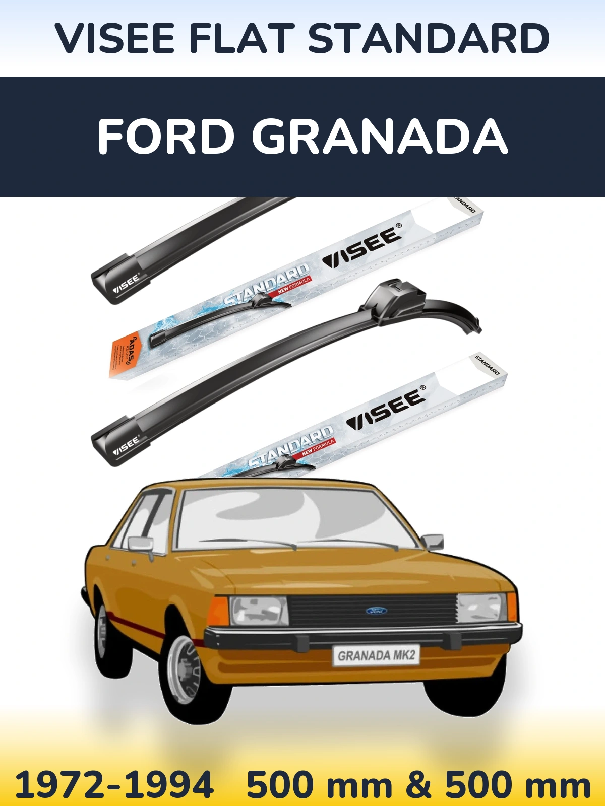 Комплект передніх щіток VISEE FLAT STANDARD 500 & 500 мм для Ford Granada 1972-1994