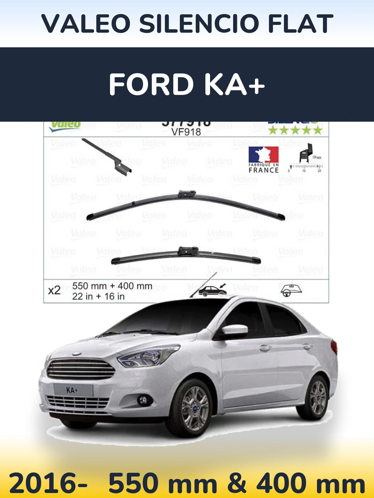 Sada předních stěračů Valeo Silencio Flat 550 a 400 mm pro Ford Ka+ 2016-2026