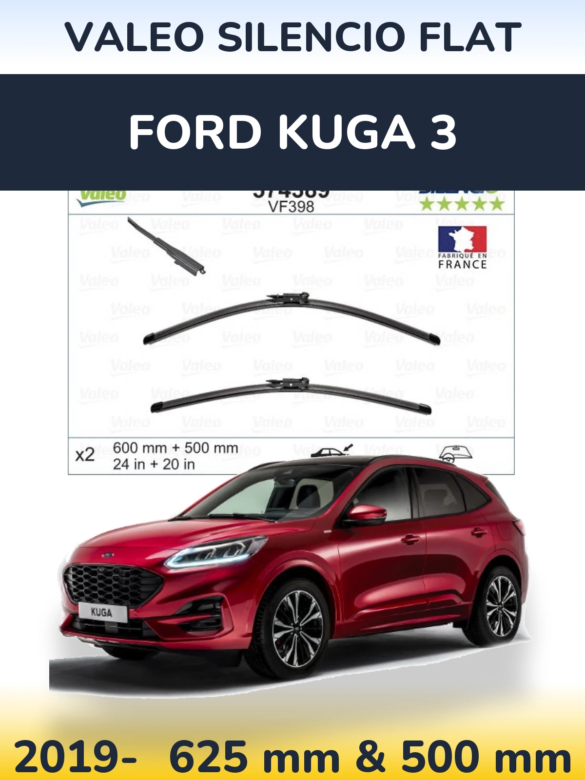 Sada předních stěračů Valeo Silencio Flat 600 a 500 mm pro Ford Kuga 3 2019-2026