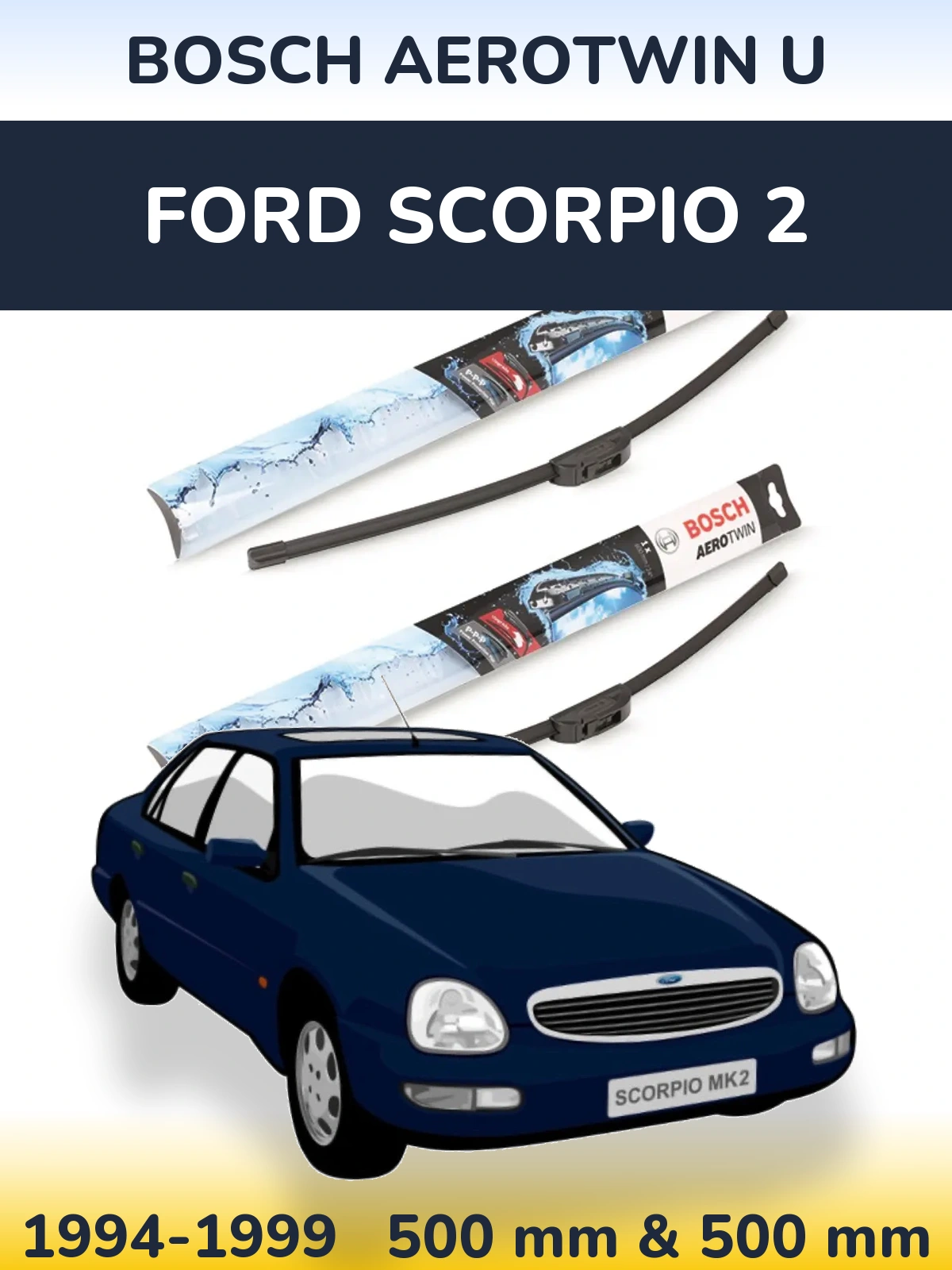 Sada předních stěračů BOSCH AeroTwin U 500 a 500 mm pro Ford Scorpio 2 1994-1999