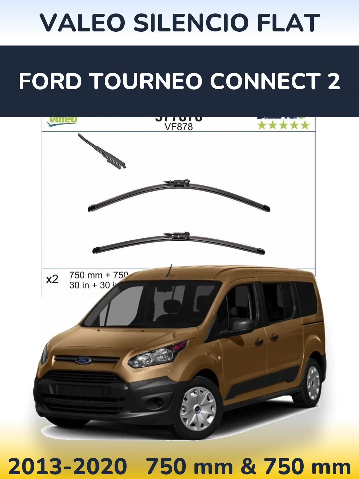 Sada předních stěračů Valeo Silencio Flat 750 a 750 mm pro Ford Tourneo Connect 2 2013-2020