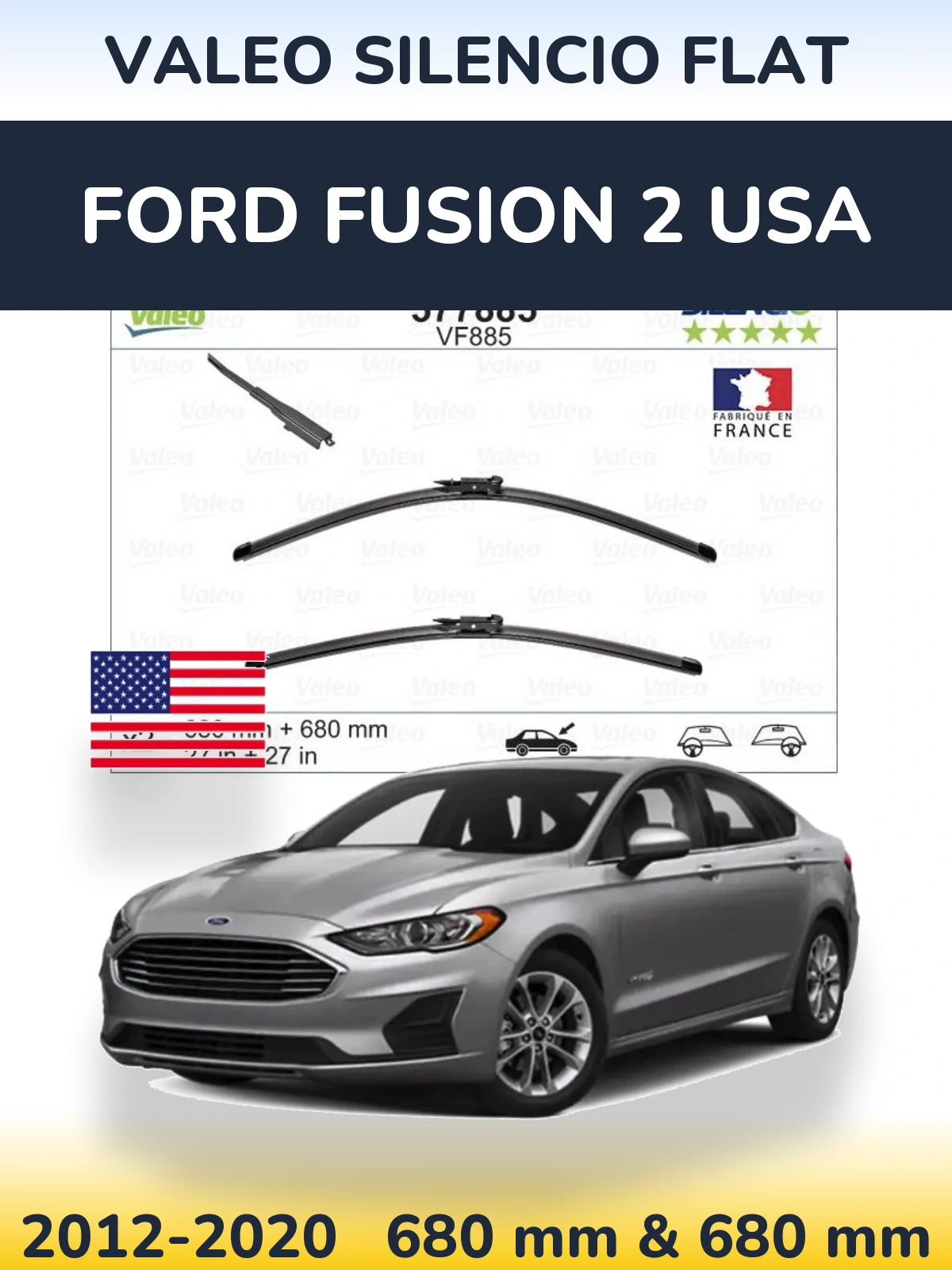 Sada předních stěračů Valeo Silencio Flat 680 a 680 mm pro Ford Fusion 2 USA 2012-2020