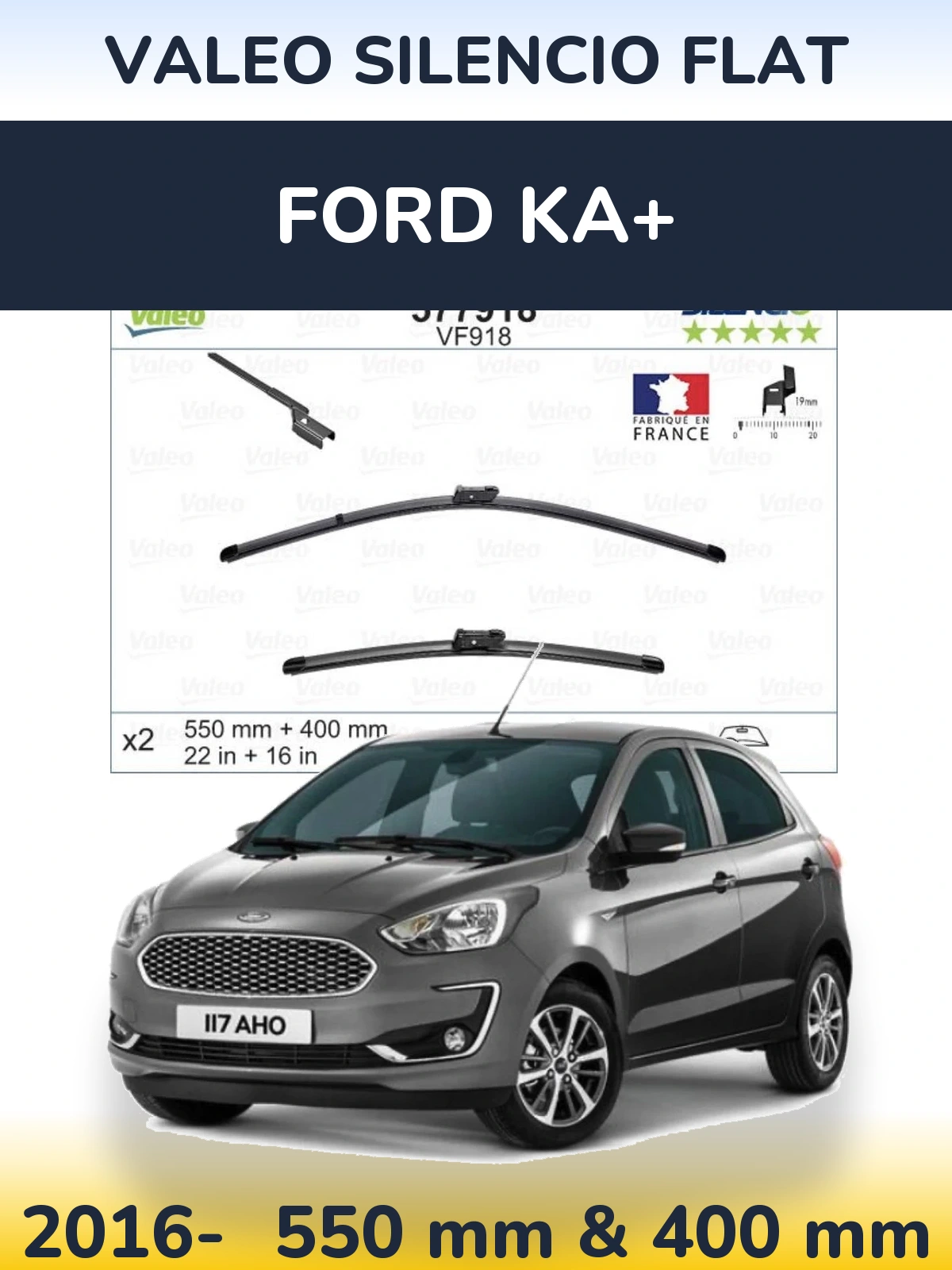 Sada předních stěračů Valeo Silencio Flat 550 a 400 mm pro Ford Ka+ 2016-2026