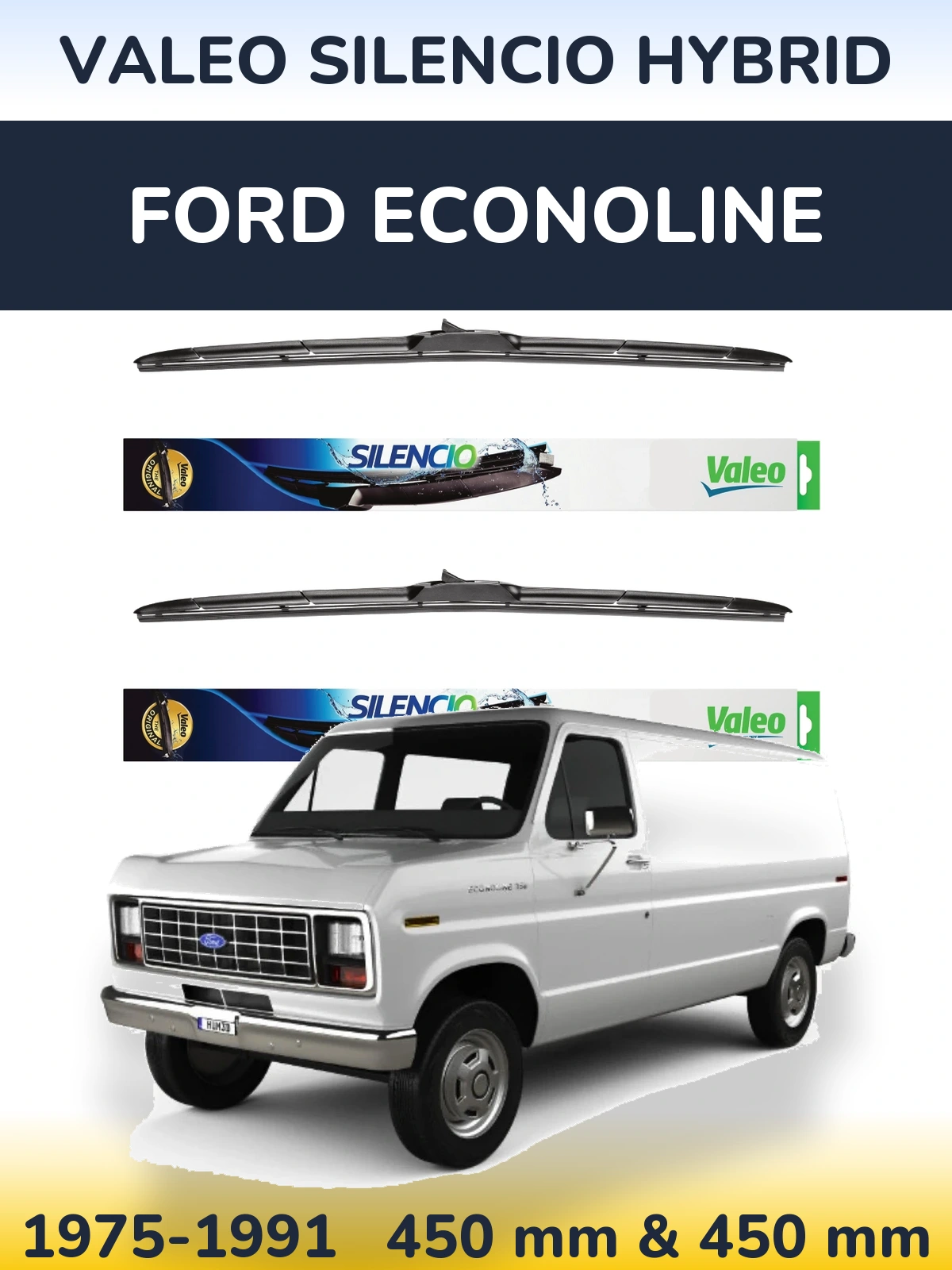 Sada předních stěračů Valeo Silencio Hybrid 450 a 450 mm pro Ford Econoline 1975-1991