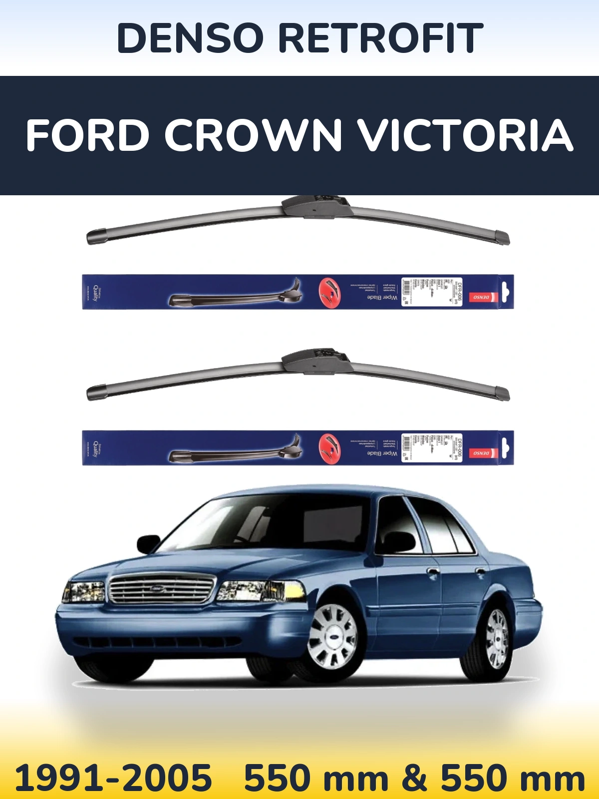 Sada předních stěračů Denso Retrofit 550 a 550 mm pro Ford Crown Victoria 1991-2005