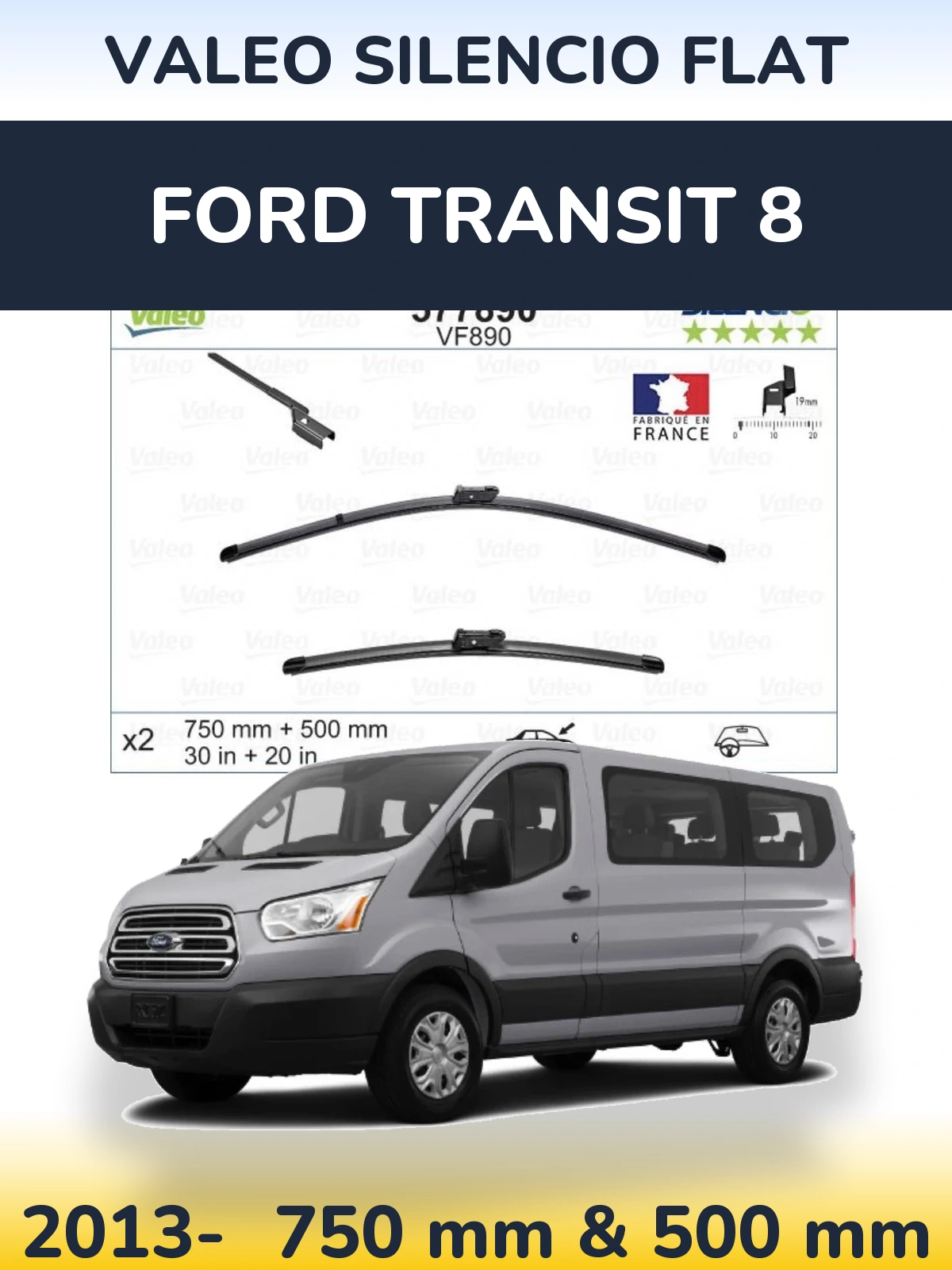 Sada předních stěračů Valeo Silencio Flat 750 a 500 mm pro Ford Transit 8 2013-2026