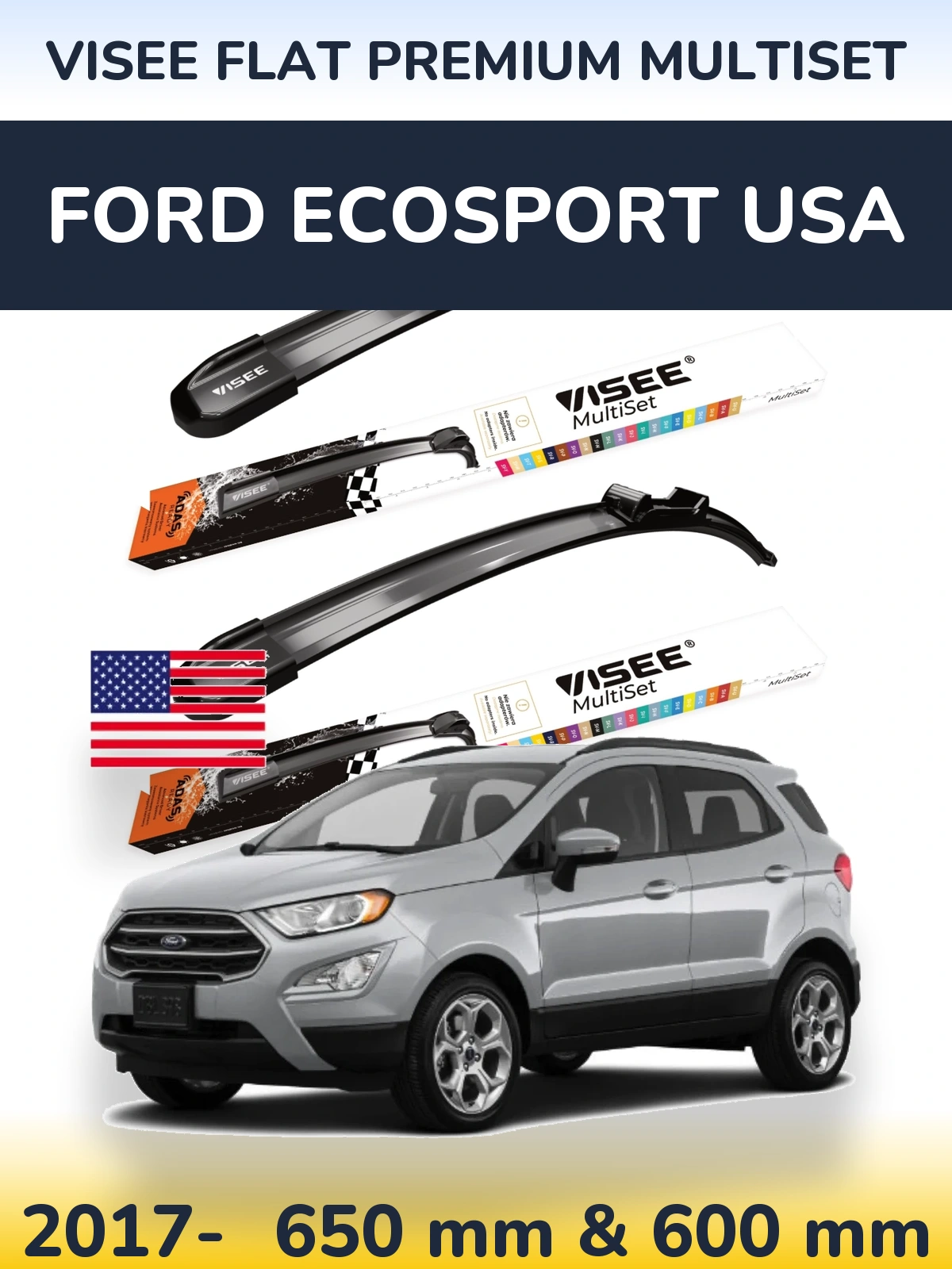 Sada předních stěračů VISEE FLAT PREMIUM MultiSet 650 a 600 mm pro Ford EcoSport USA 2017-2026