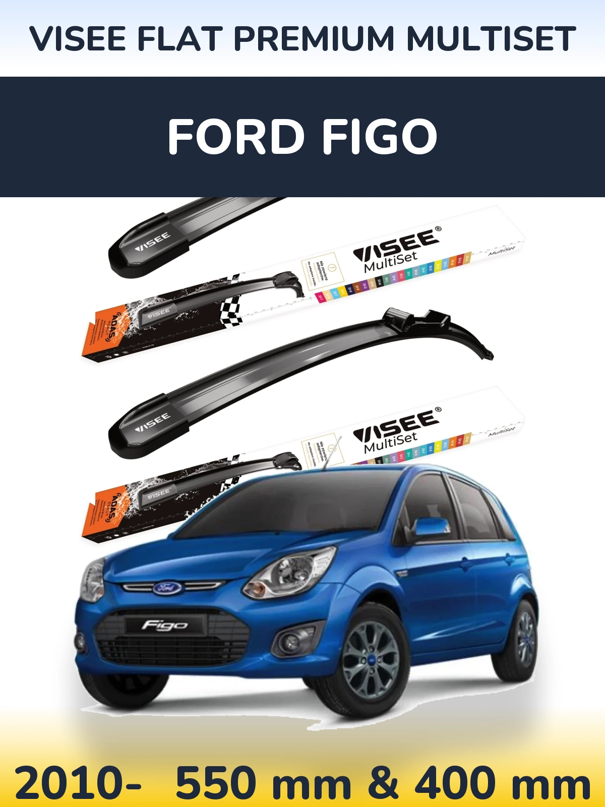 Комплект передніх щіток VISEE FLAT PREMIUM MultiSet 550 & 400 мм для Ford Figo 2010-2026