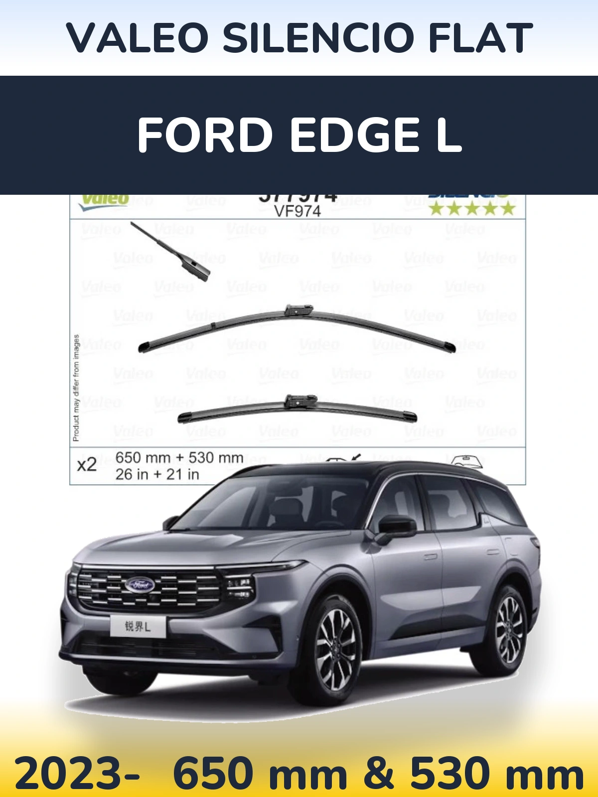 Sada předních stěračů Valeo Silencio Flat 650 a 530 mm pro Ford Edge L 2023-2026