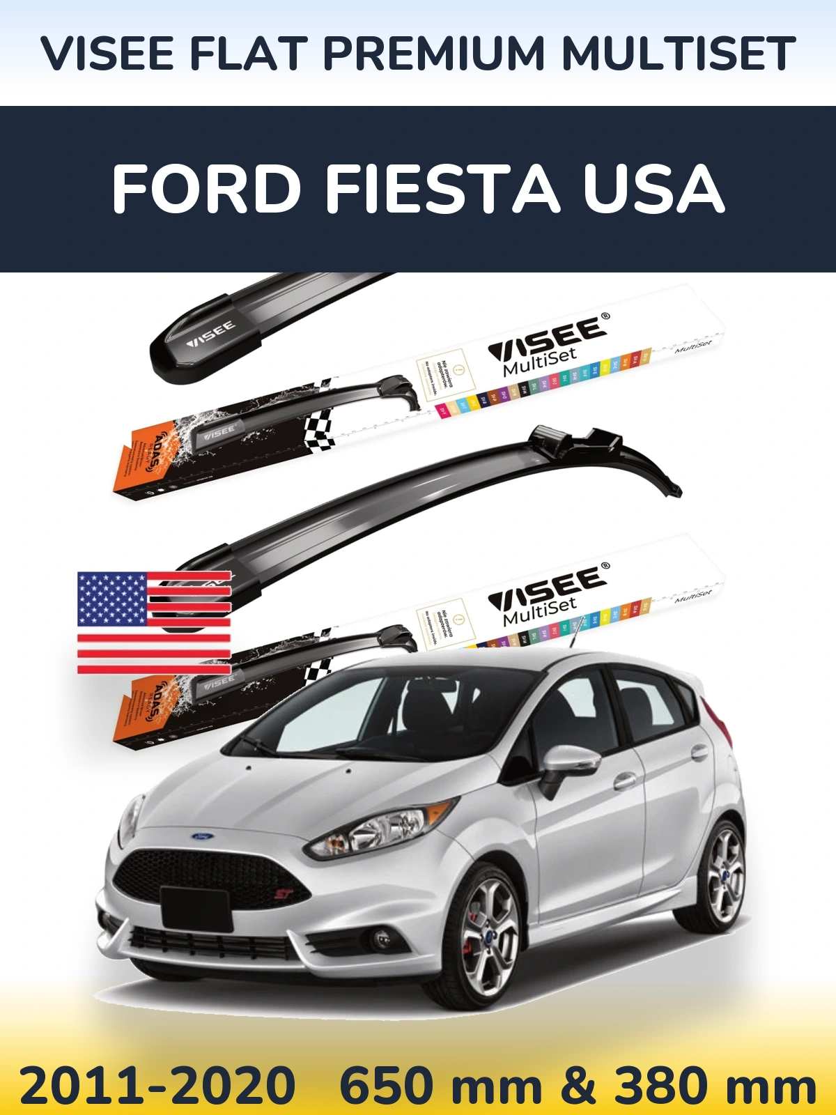 Sada předních stěračů VISEE FLAT PREMIUM MultiSet 650 a 380 mm pro Ford Fiesta USA 2011-2020