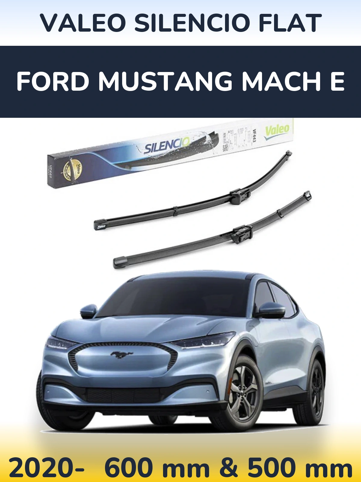 Sada předních stěračů Valeo Silencio Flat 600 a 500 mm pro Ford Mustang Mach E 2020-2026