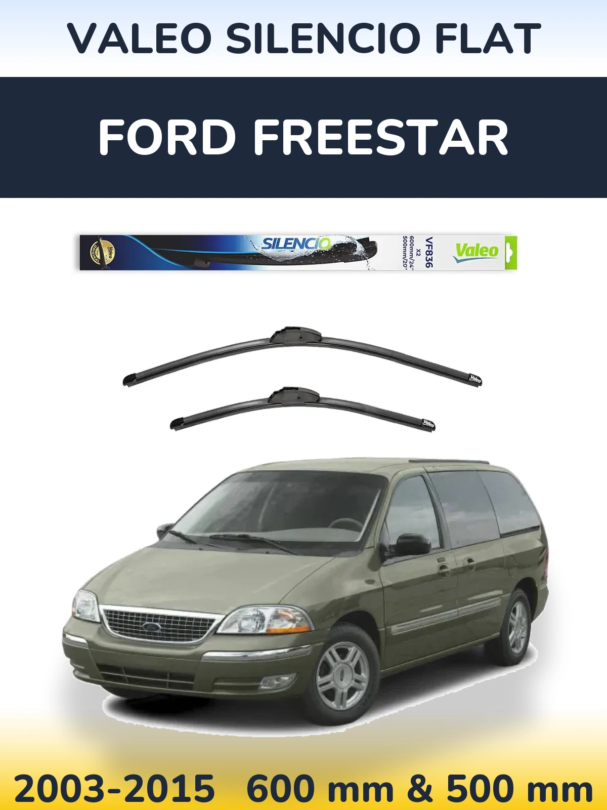 Sada předních stěračů Valeo Silencio Flat 600 a 500 mm pro Ford Freestar 2003-2015