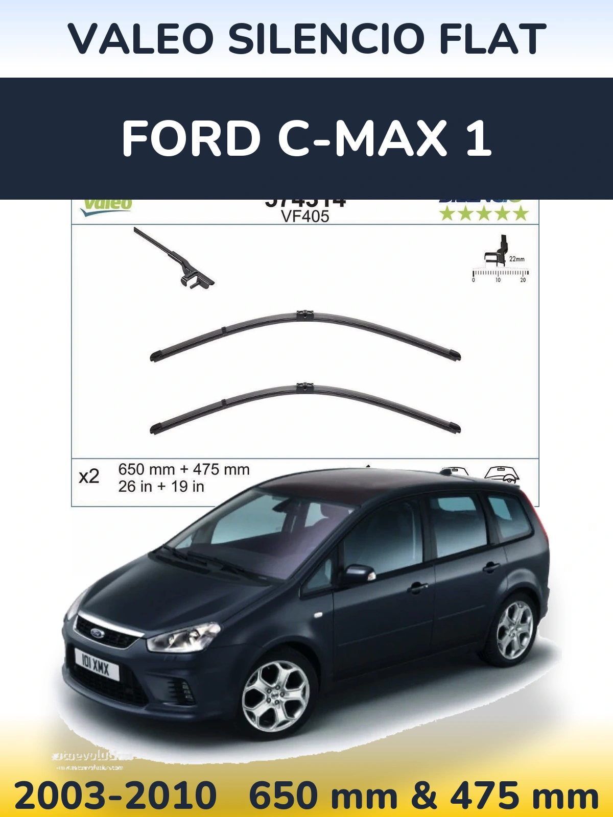 Sada předních stěračů Valeo Silencio Flat 650 a 475 mm pro Ford C-MAX 1 2003-2010