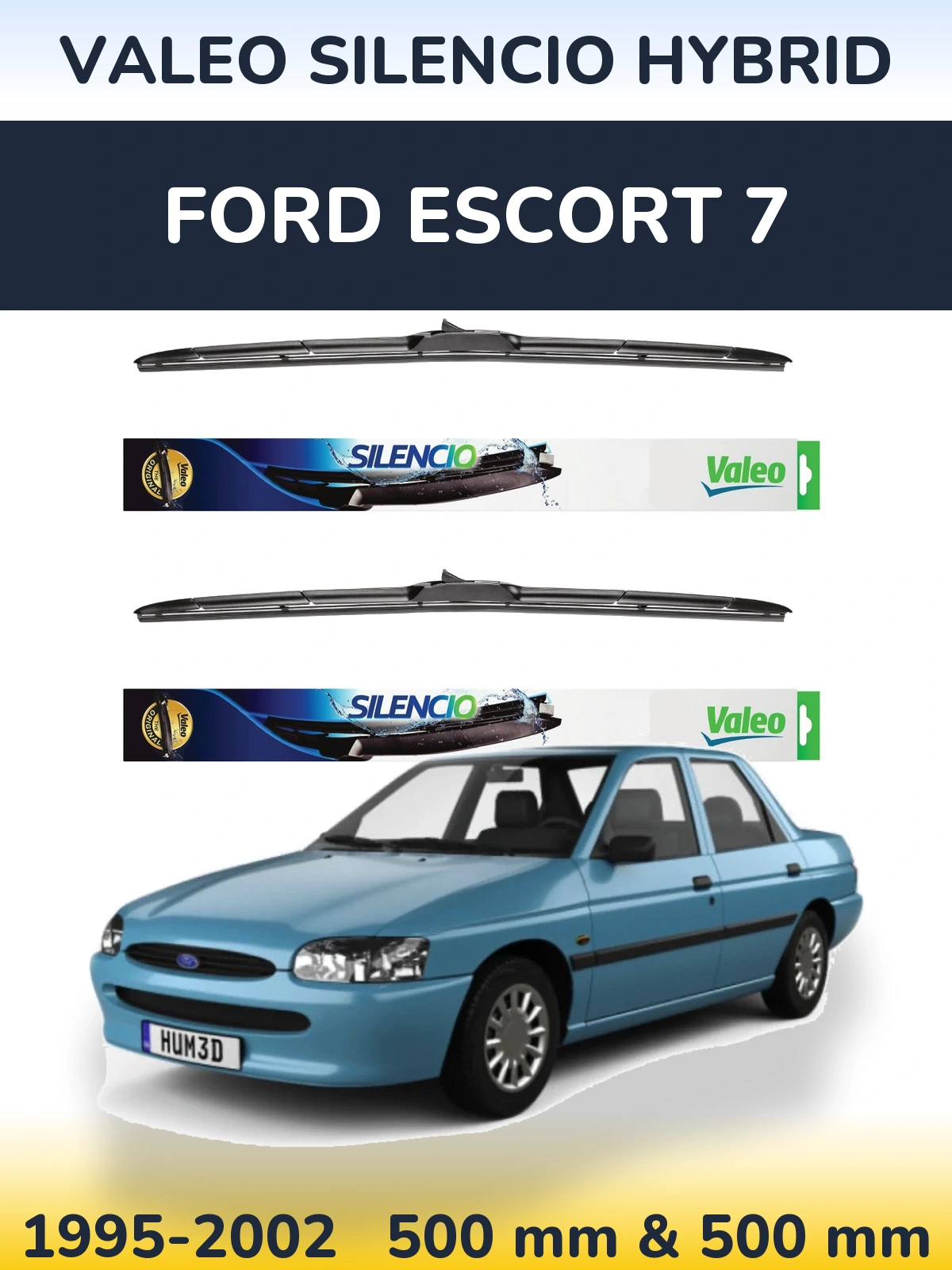 Sada předních stěračů Valeo Silencio Hybrid 500 a 500 mm pro Ford Escort 7 1995-2002