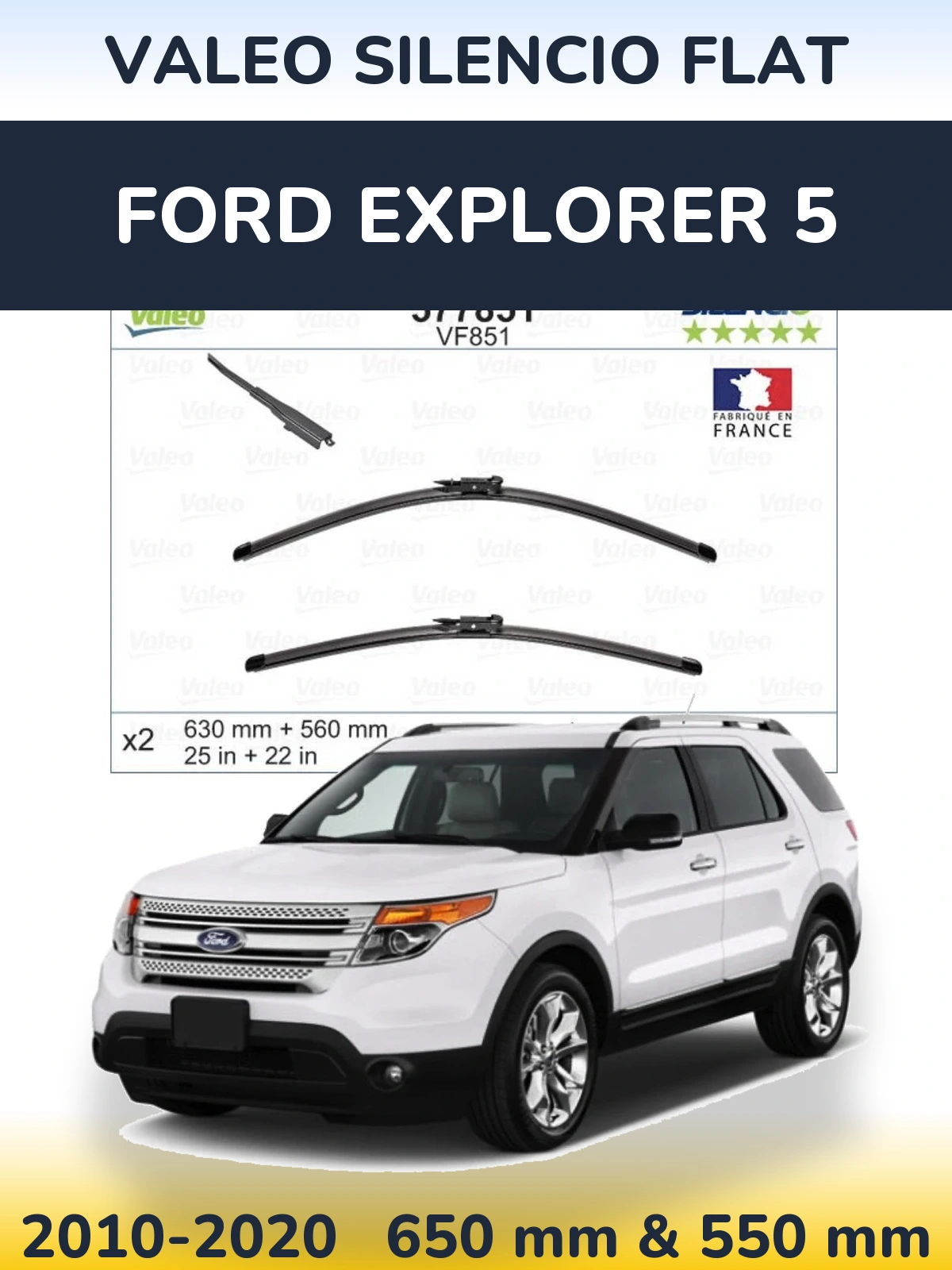 Sada předních stěračů Valeo Silencio Flat 630 a 560 mm pro Ford Explorer 5 2010-2020