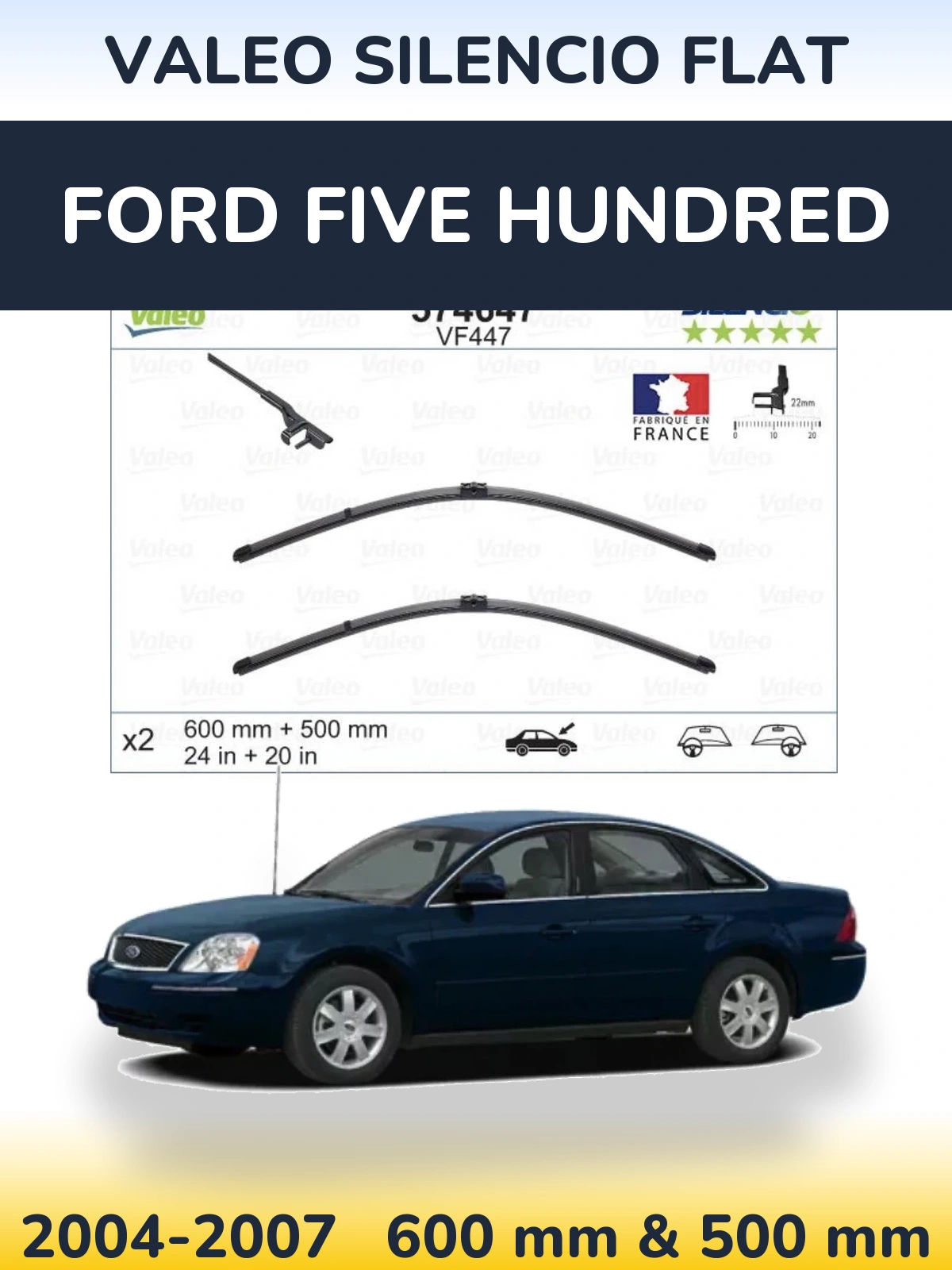 Sada předních stěračů Valeo Silencio Flat 600 a 500 mm pro Ford Five Hundred 2004-2007