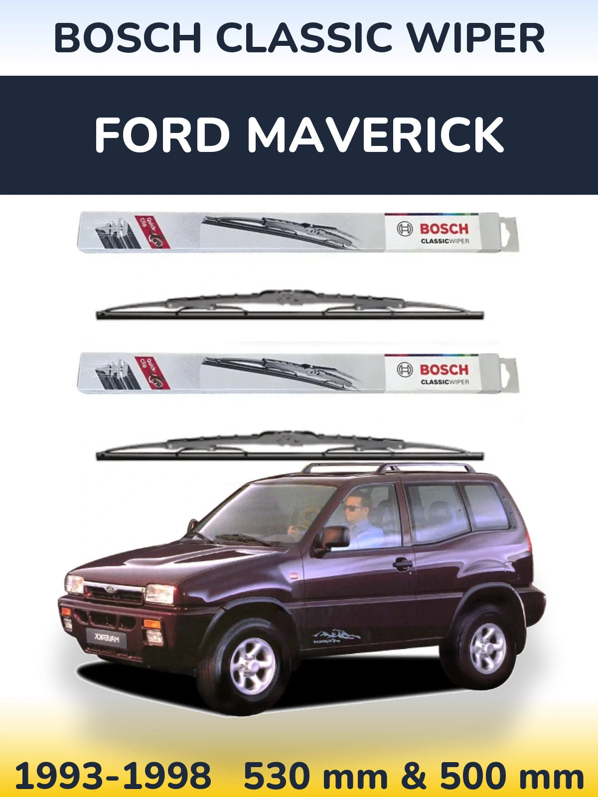 Sada předních stěračů BOSCH Classic Wiper 530 a 500 mm pro Ford Maverick 1993-1998