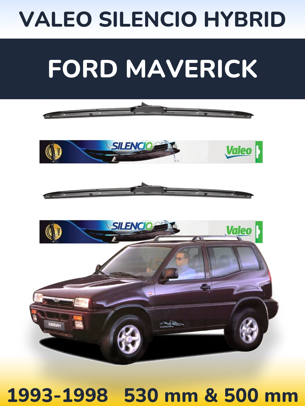 Sada předních stěračů Valeo Silencio Hybrid 530 a 500 mm pro Ford Maverick 1993-1998