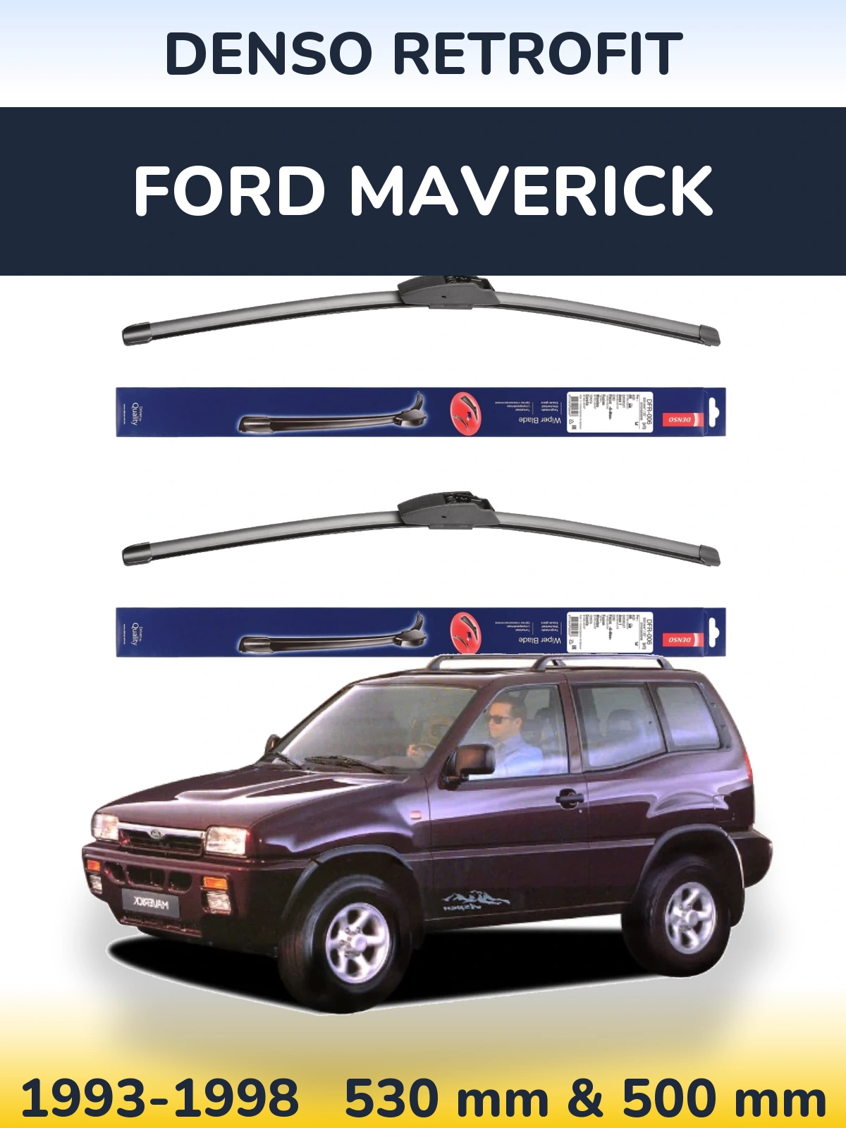 Sada předních stěračů Denso Retrofit 530 a 500 mm pro Ford Maverick 1993-1998