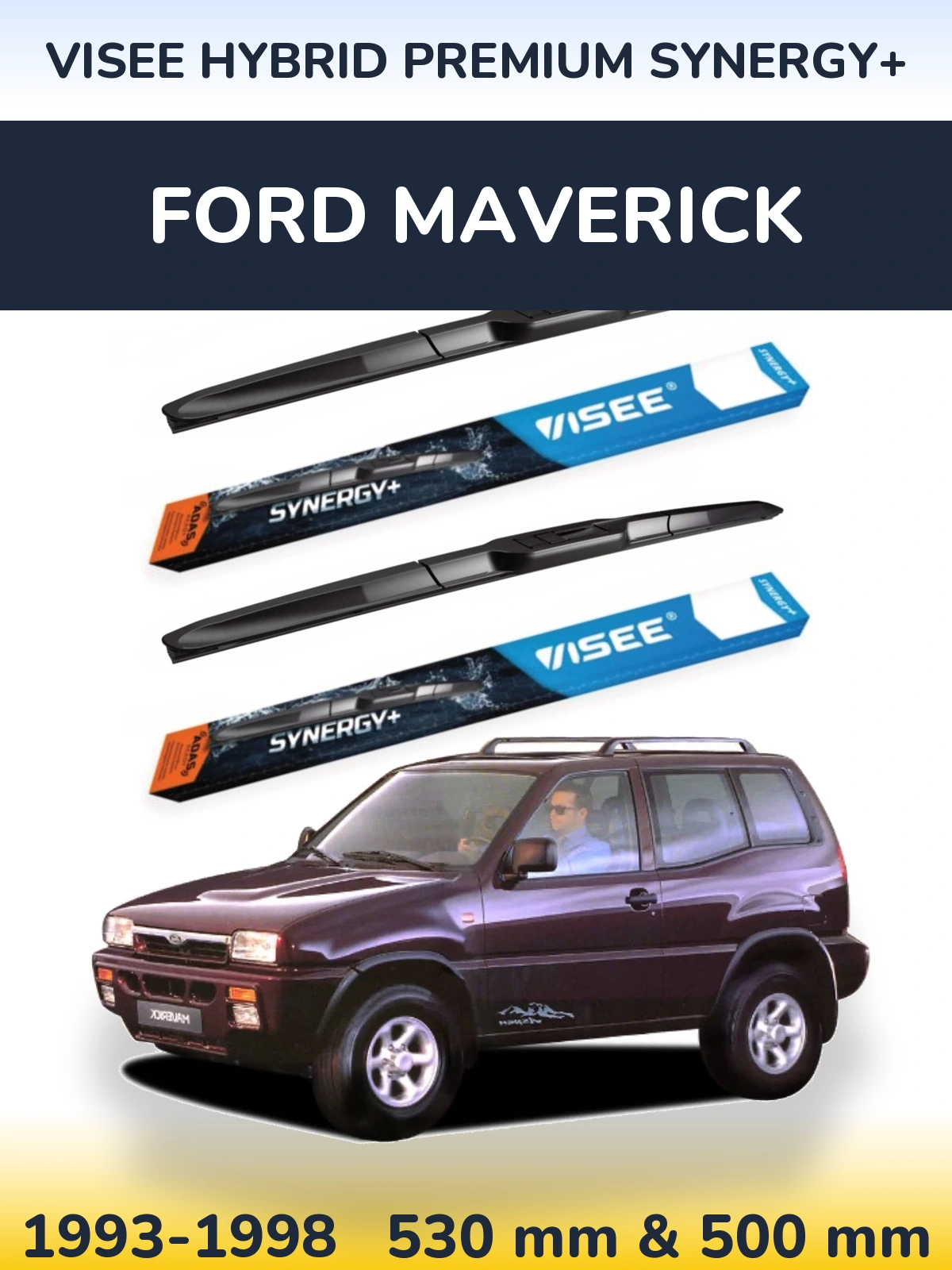 Sada předních stěračů VISEE HYBRID PREMIUM SYNERGY+ 530 a 500 mm pro Ford Maverick 1993-1998