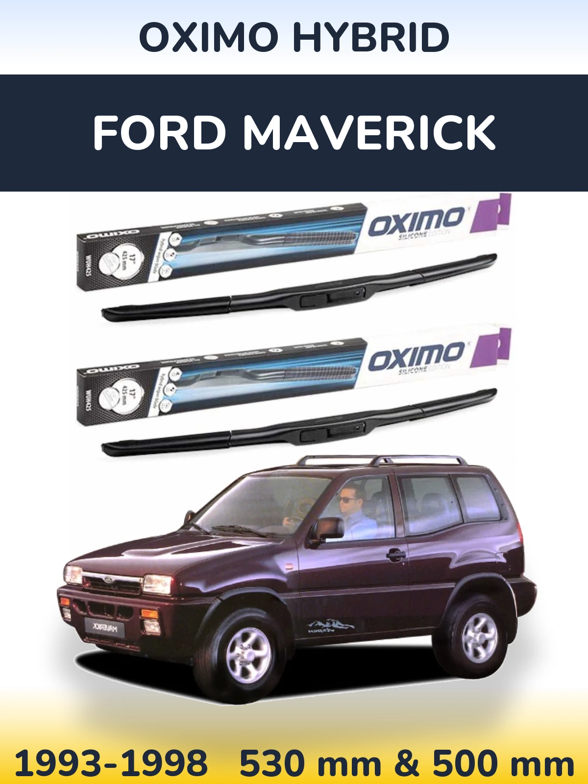 Sada předních stěračů Oximo Hybrid 530 a 500 mm pro Ford Maverick 1993-1998