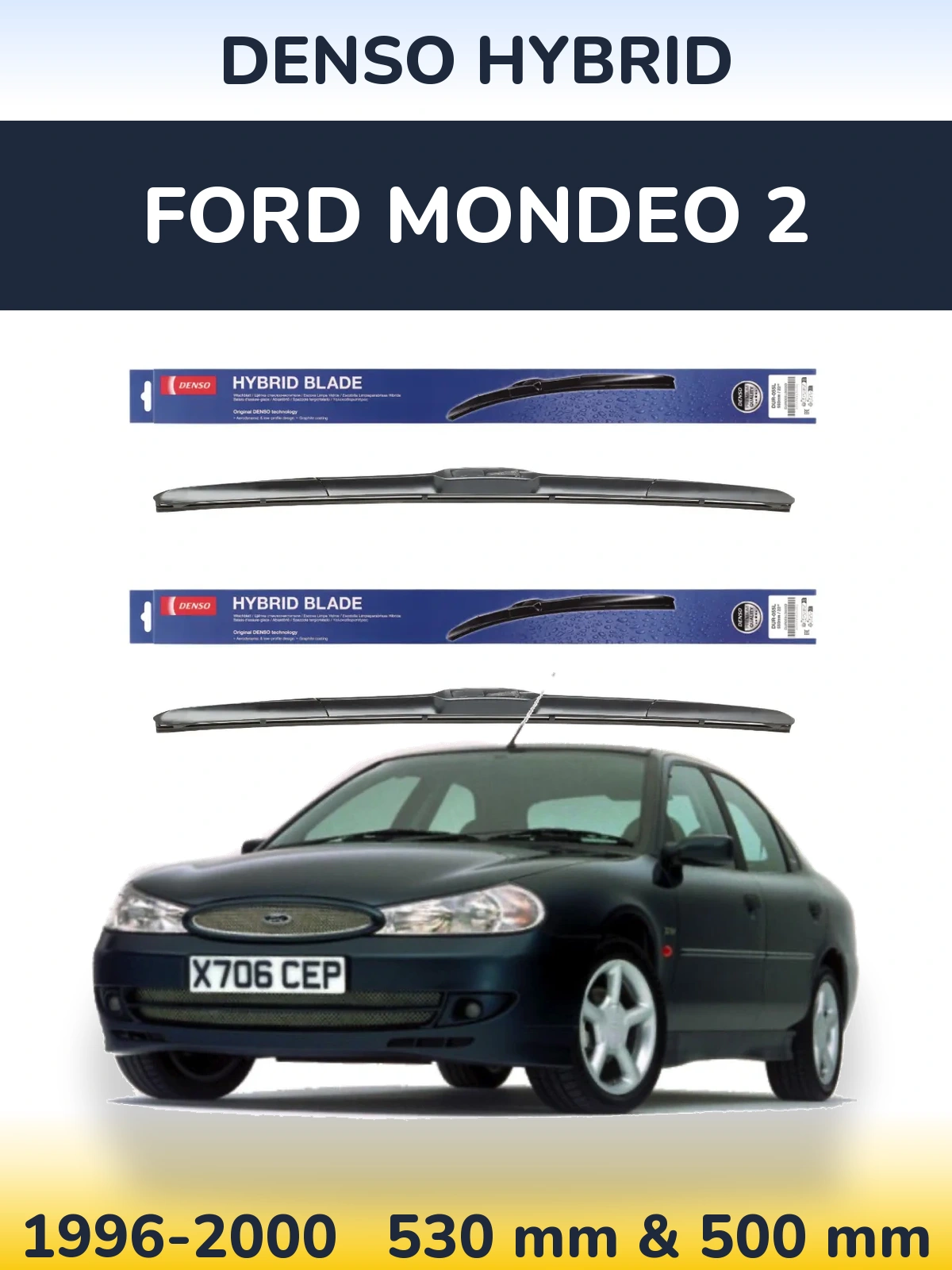 Sada předních stěračů Denso Hybrid 530 a 500 mm pro Ford Mondeo 2 1996-2000