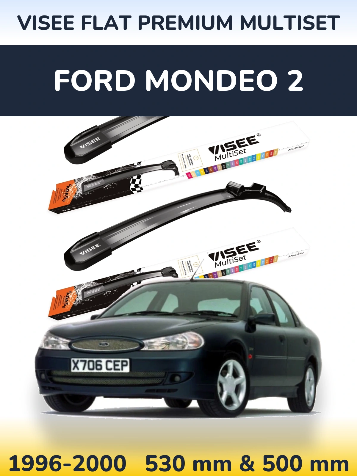 Sada předních stěračů VISEE FLAT PREMIUM MultiSet 530 a 500 mm pro Ford Mondeo 2 1996-2000