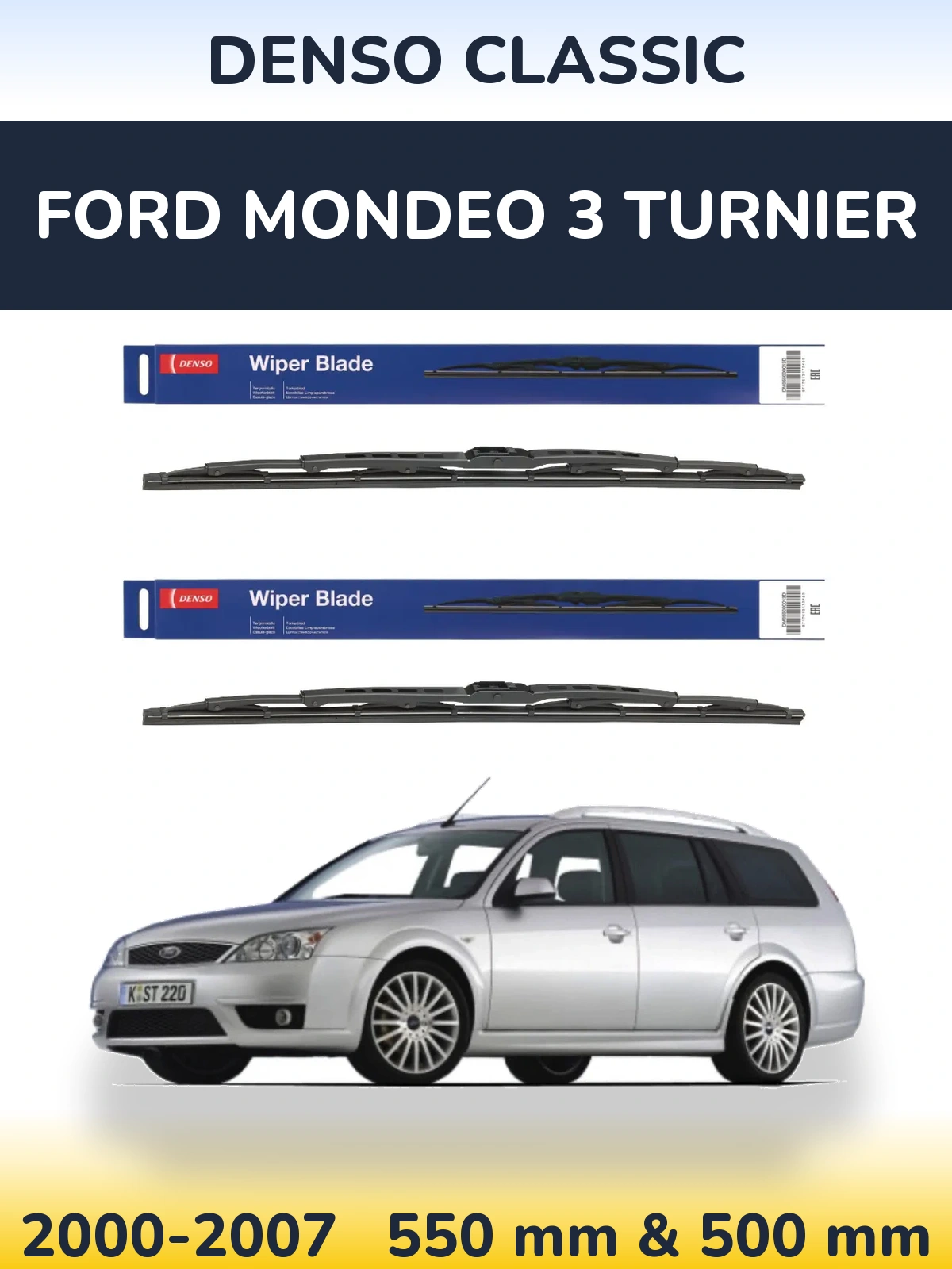 Sada předních stěračů Denso Classic 550 a 500 mm pro Ford Mondeo 3 Turnier 2000-2007