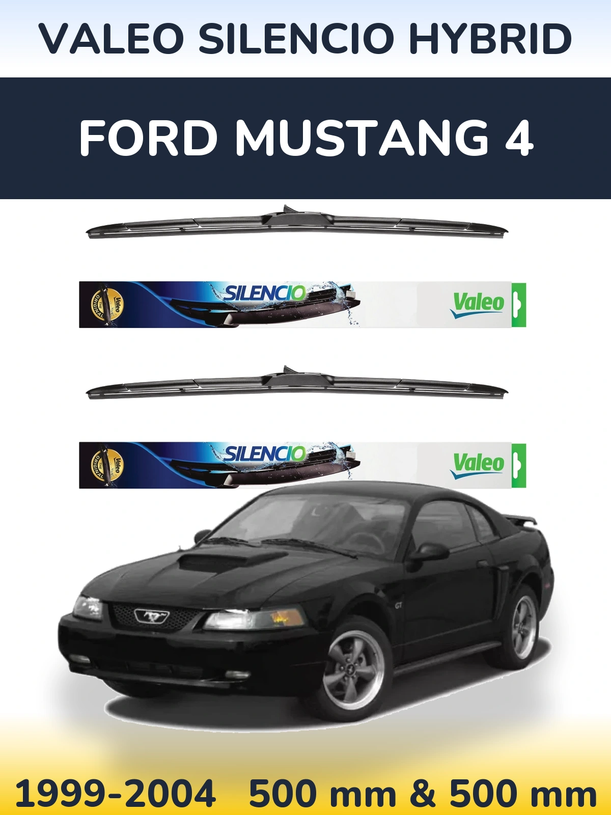 Sada předních stěračů Valeo Silencio Hybrid 500 a 500 mm pro Ford Mustang 4 1999-2004