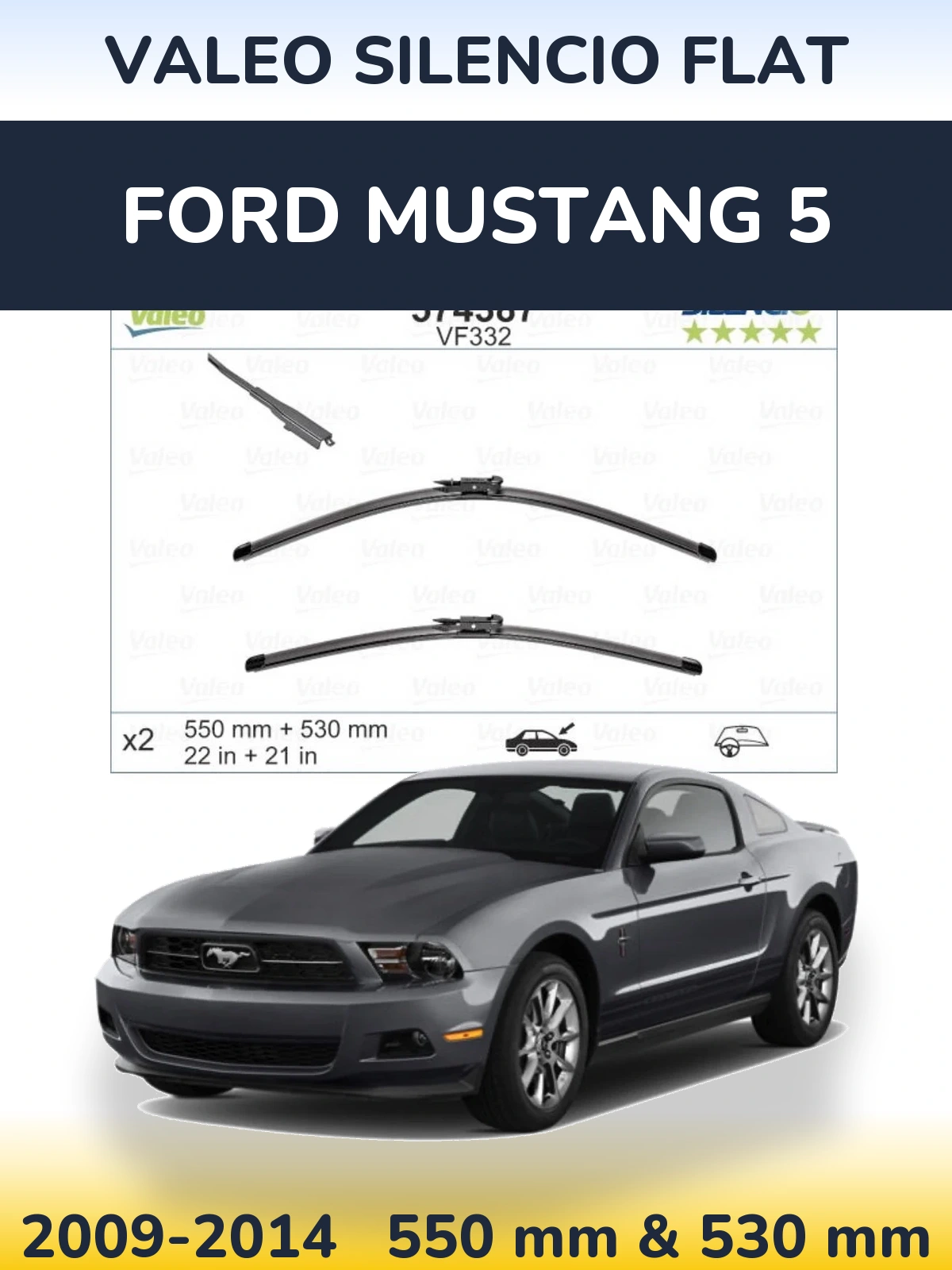 Sada předních stěračů Valeo Silencio Flat 550 a 530 mm pro Ford Mustang 5 2009-2014