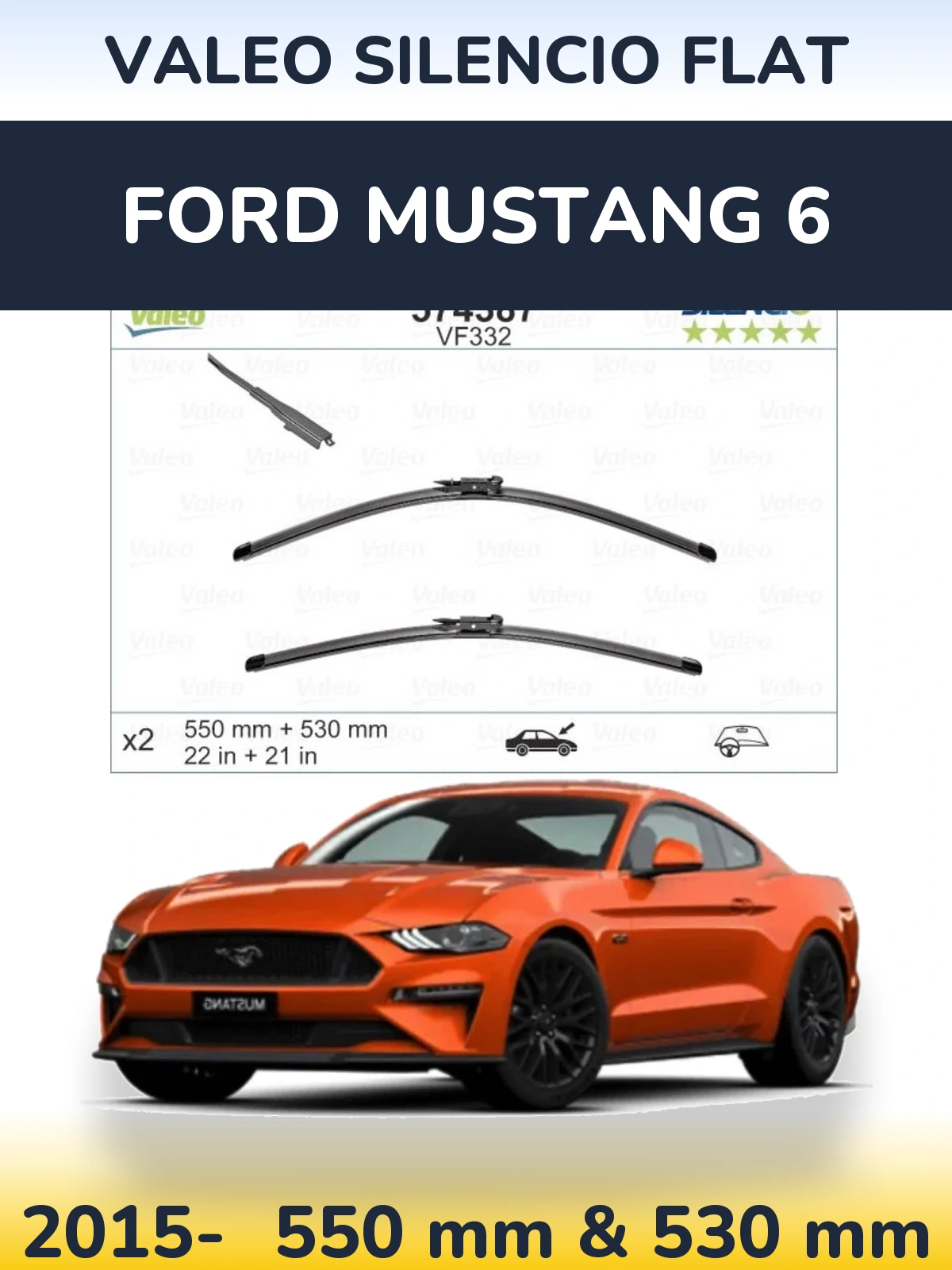 Sada předních stěračů Valeo Silencio Flat 550 a 530 mm pro Ford Mustang 6 2015-2026